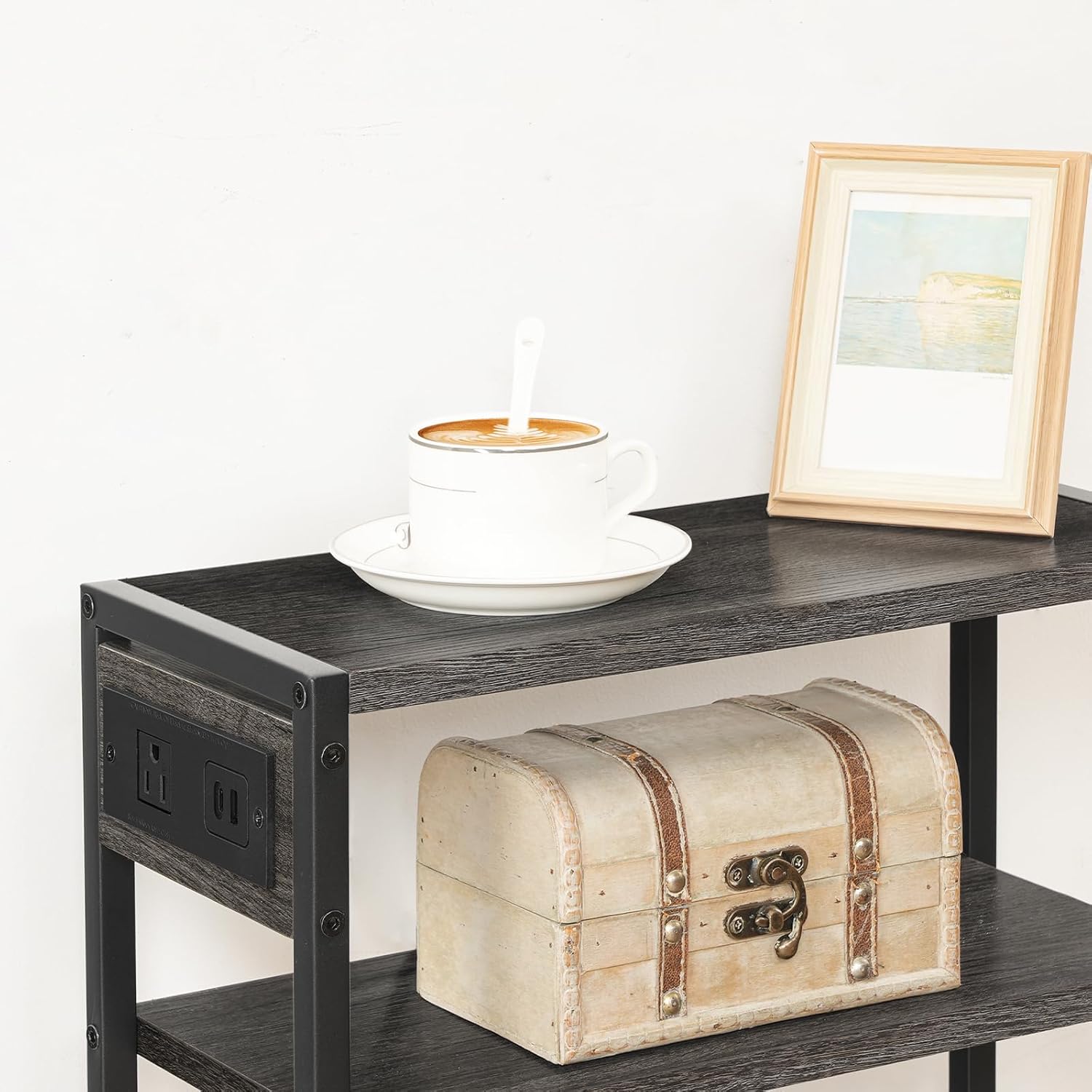 HOOBRO Small Narrow Side Table with Charging Station, Skinny End Table for Small Spaces, Slim Nightstand with USB Ports Outlet, Sofa Beside Table with Storage Shelf, Charcoal Black BC102UBZ01