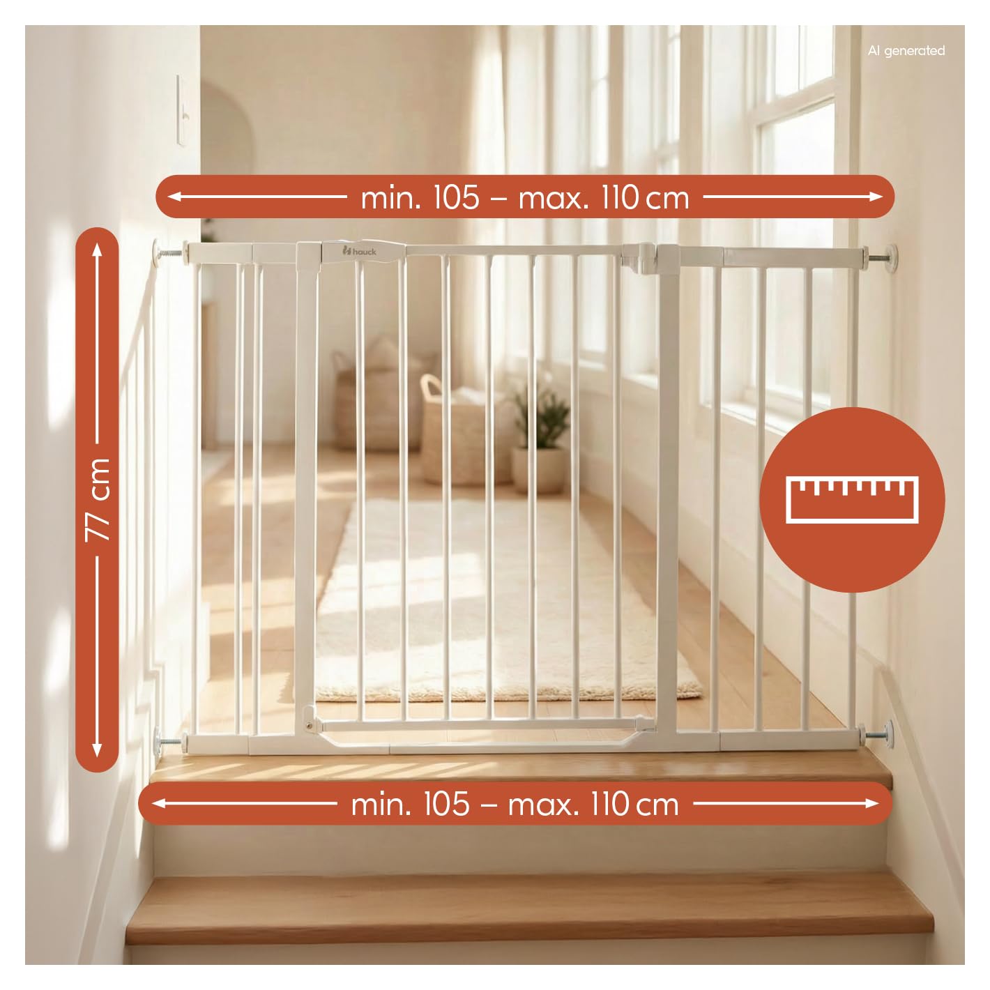 hauck Clear Step 2 + 1x9 cm +1x21cm Verlängerung, Weiß - Kinderschutzgitter Hundegitter, Verstellbare Breite 105-110 cm, 77 cm Hoch, Flacher Einstieg, Einhand Öffnung, ohne Bohren, für Innen
