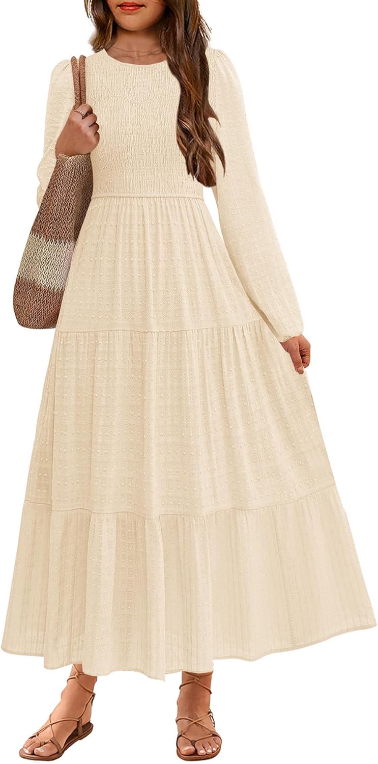 HOSIKA Tween Girls Fall Puff Long Sleeve Smocked Swiss Dot Tiered A-line Flowy Maxi Dress with Pockets 6-12 Years