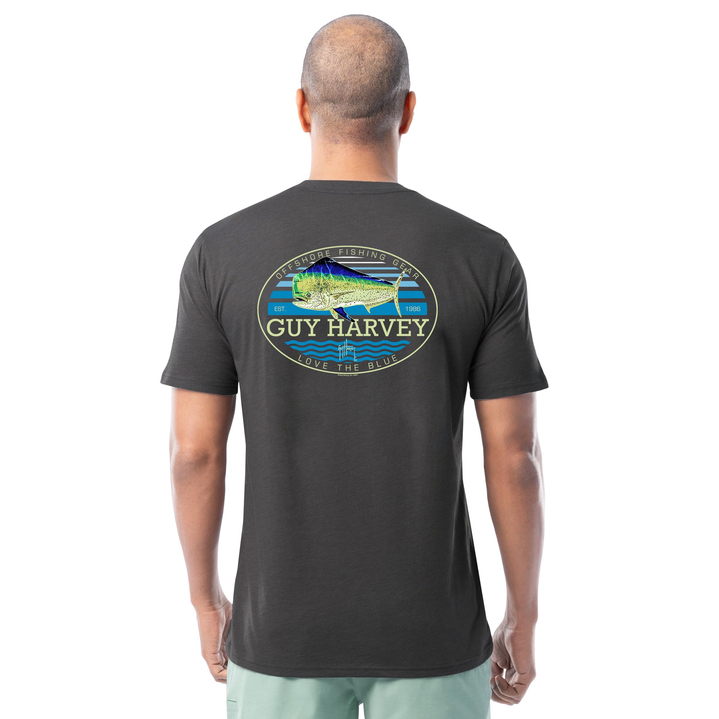 Guy Harvey Men’s Offshore Fish Collection Short Sleeve T-Shirt, Charcoal Heather/Retro Style Mahi, Large