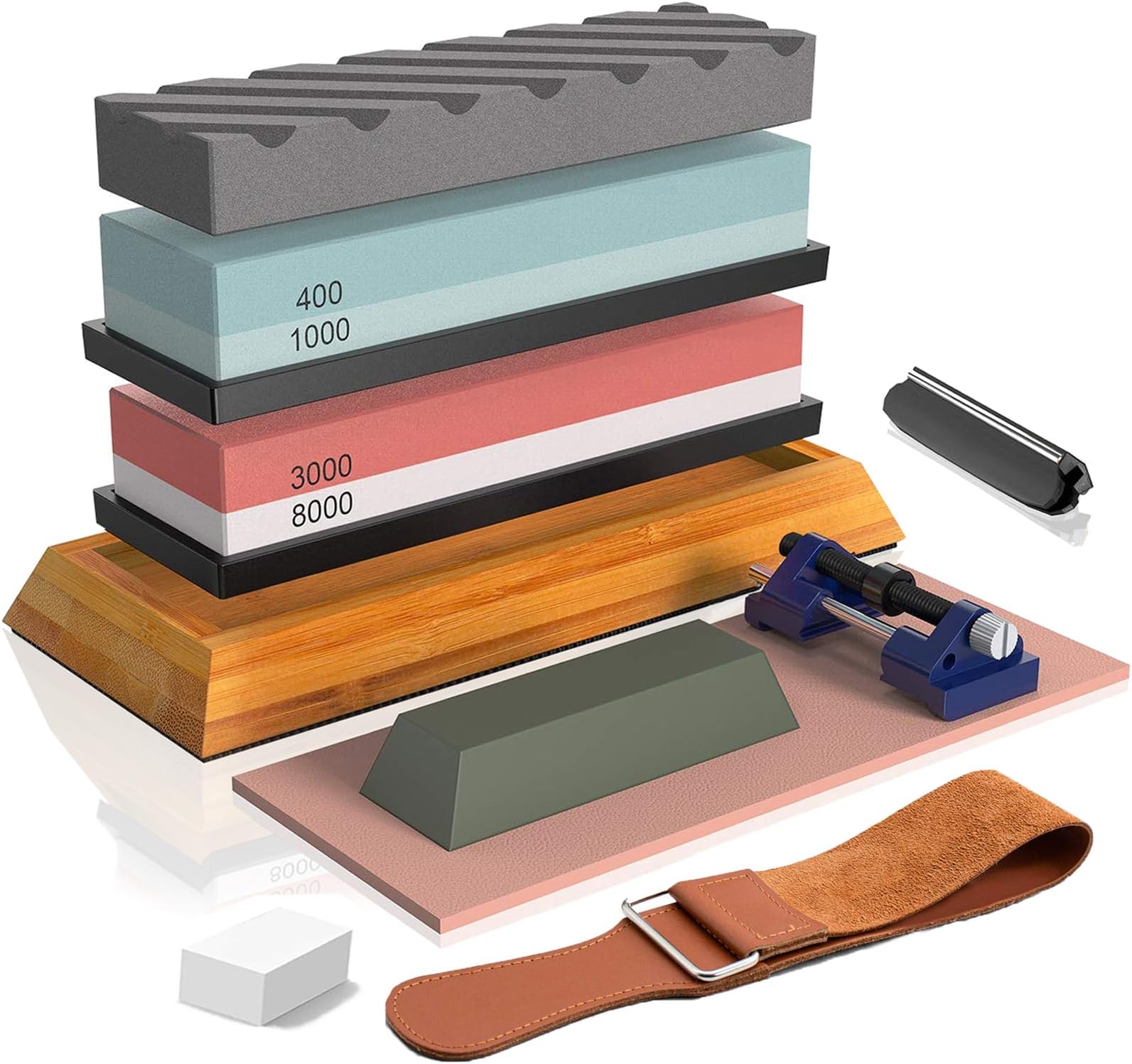 BRITOR Knife Sharpening Stone, Whetstone Includes 4 Side Grit 400/1000 3000/8000, Non-Slip Bamboo Base, Angle Guide, Polishing Compound, Leather Strop, Flattening Whetstone Sharpening Kit