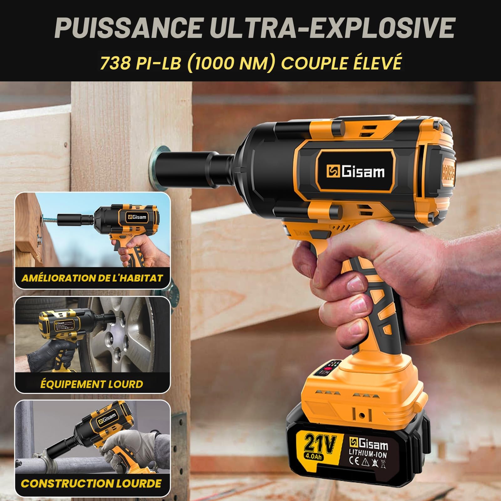 Gisam 1000 N.m Clé à Chocs Sans Fil Brushless, 1/2 pouce Boulonneuse a Choc Electrique avec 2x4.0Ah Batterie, Chargeur Rapide, Visseuse à Choc avec 5 Douilles pour la Voiture et la Maison