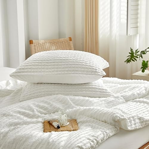 Miniatura 6 de WARMDERN Juego de edredón tamaño King, edredón blanco bohemio a rayas, edredón ligero de microfibra alternativa al plumón, juego de ropa de cama