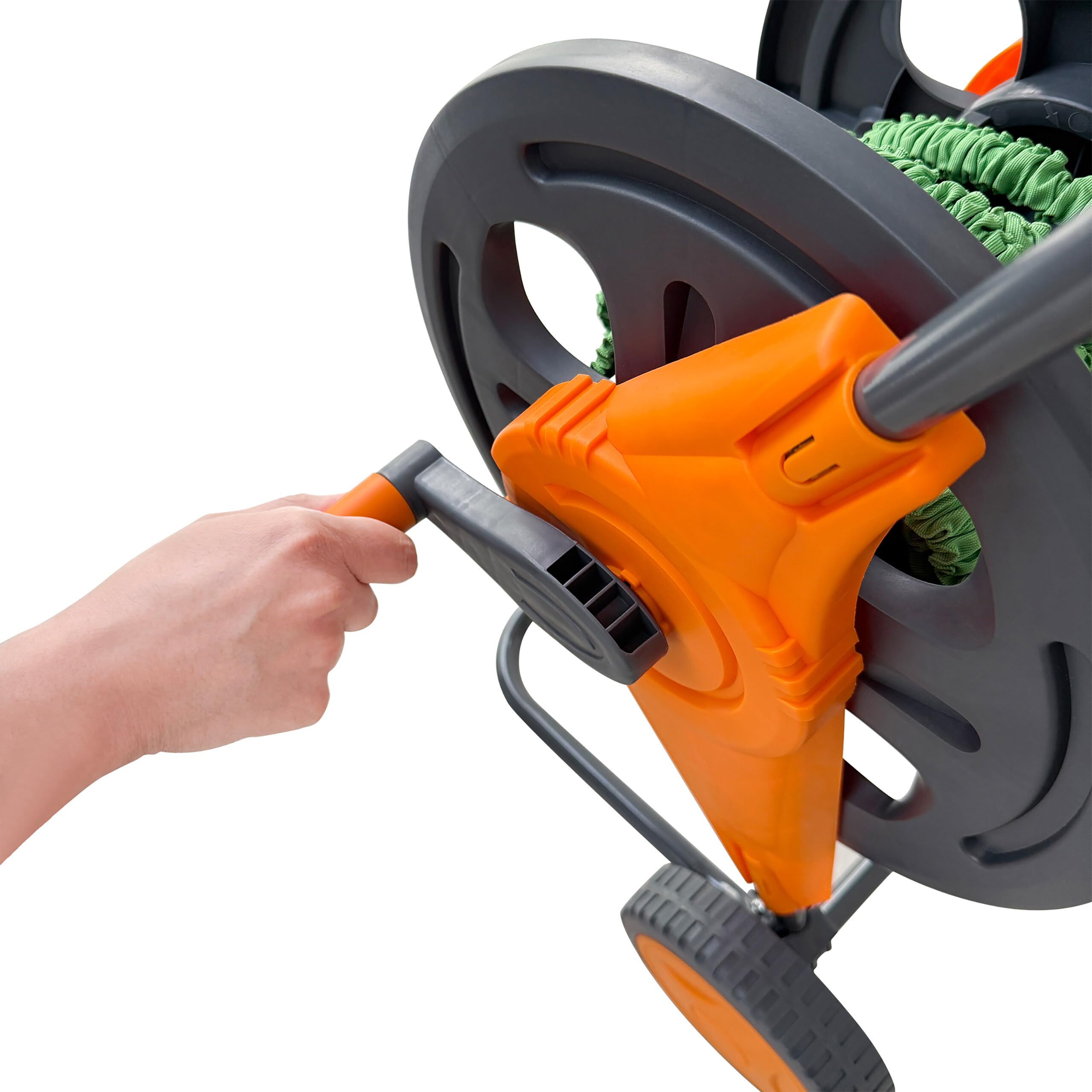 Relaxdays Chariot dévidoir 60 m, raccord à clic, Guide-Tuyau, 2 Roues, métal/Plastique, Gris/Orange, 86 x 41 x 37 cm
