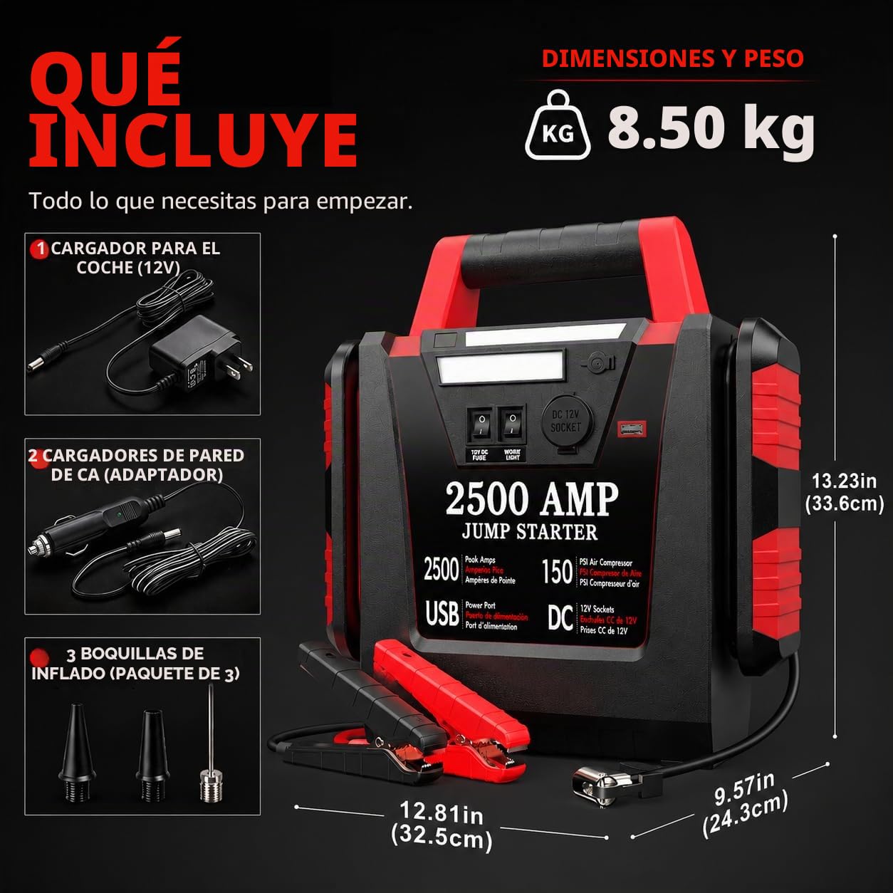 Arrancador de Coches Portátil 2500A con Compresor de Aire 150 PSI, Arrancador de Baterías 12V (Motores Gasolina/Diésel hasta 8.0L), Booster Batería, Jump Starter 20000mAh, Luz LED 500LM