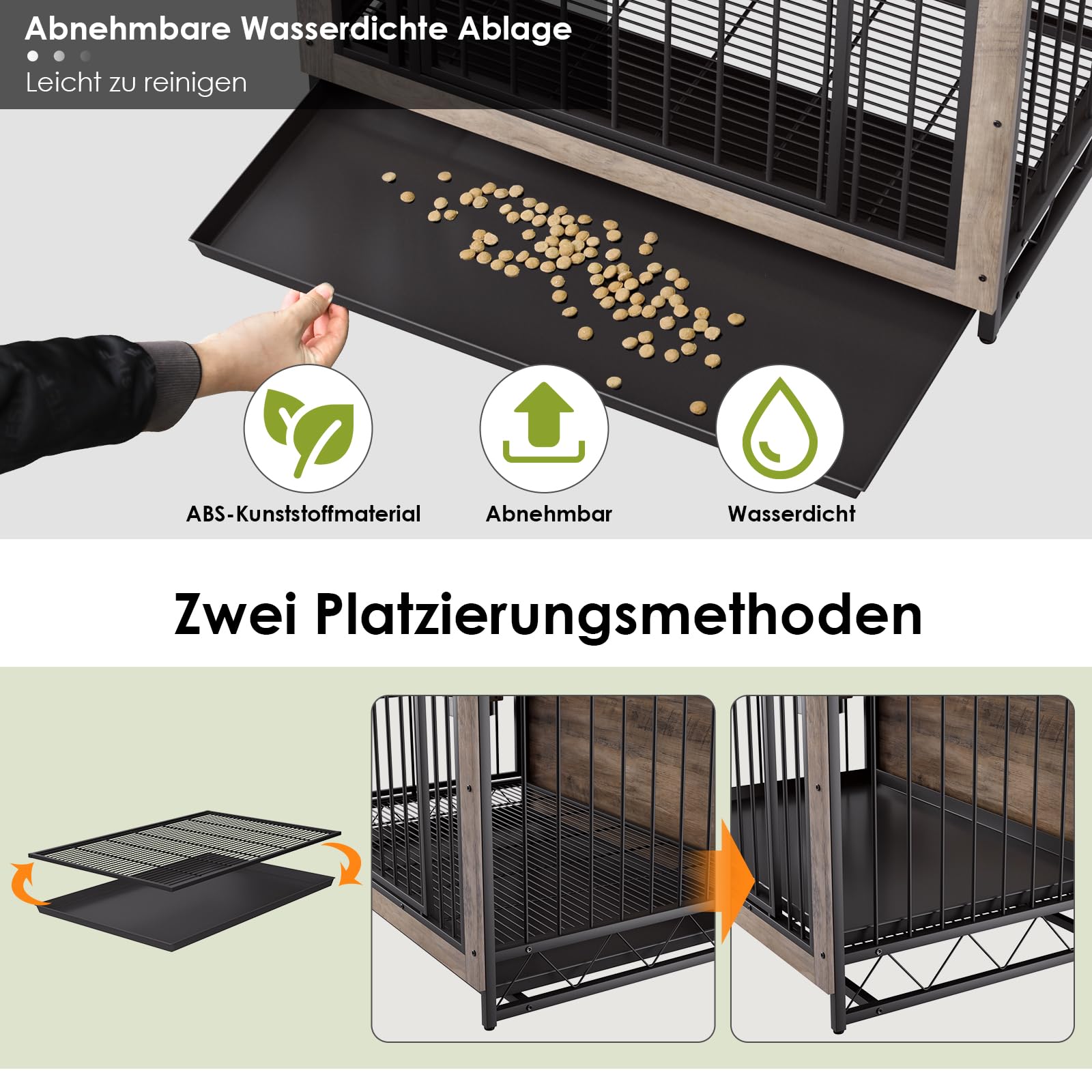 Jaulas para Perros, 93x64x58cm, Jaula Perro Grande para Casa de Madera, Dog Crate con 2 Comederos y Puertas para Perros, con Bandeja Extraíble, Jaula para Perros Medianos Pequeños hasta 40kg, Gris