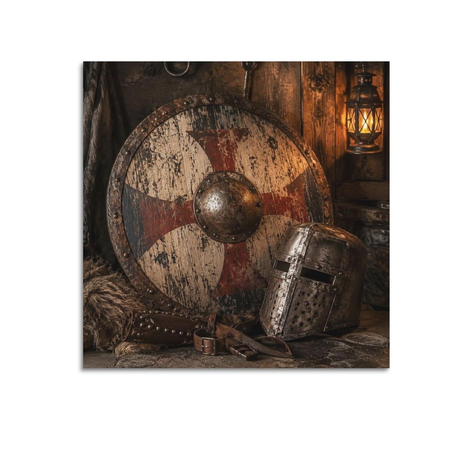 XKUGA Medieval Knight Rustic Poster Circular Shield Armory Relic Modern Decorative Canvas Prints - Ideal Wall Art for Family, Man Cave, Game Room, Boys & Girls Bedroom 12x12inch(30x30cm)