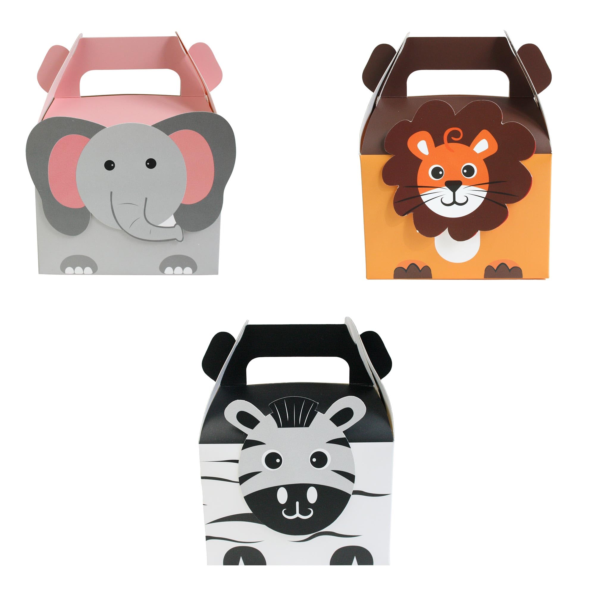 Emartbuy Printed Animal Themed Favour Boxes – Elephant, Lion & Zebra Design | Cute Safari Party Boxes for Kids | Foldable Paper Treat Box with Handle | Size 11.5 x 8.5 x 15.5 cm – Pack of 36 — image 1