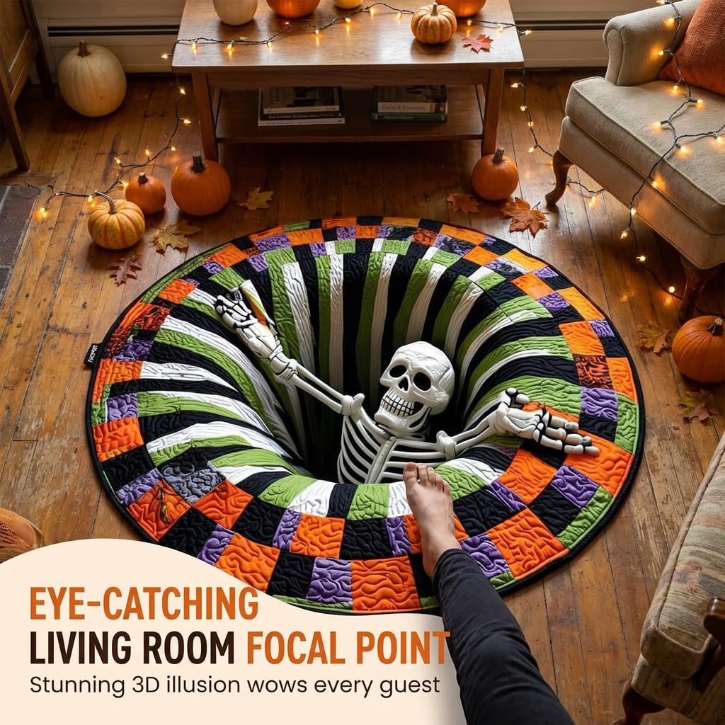 TFixol Okrągły dywan 3D Halloween z iluzją optyczną, szkielet 3D