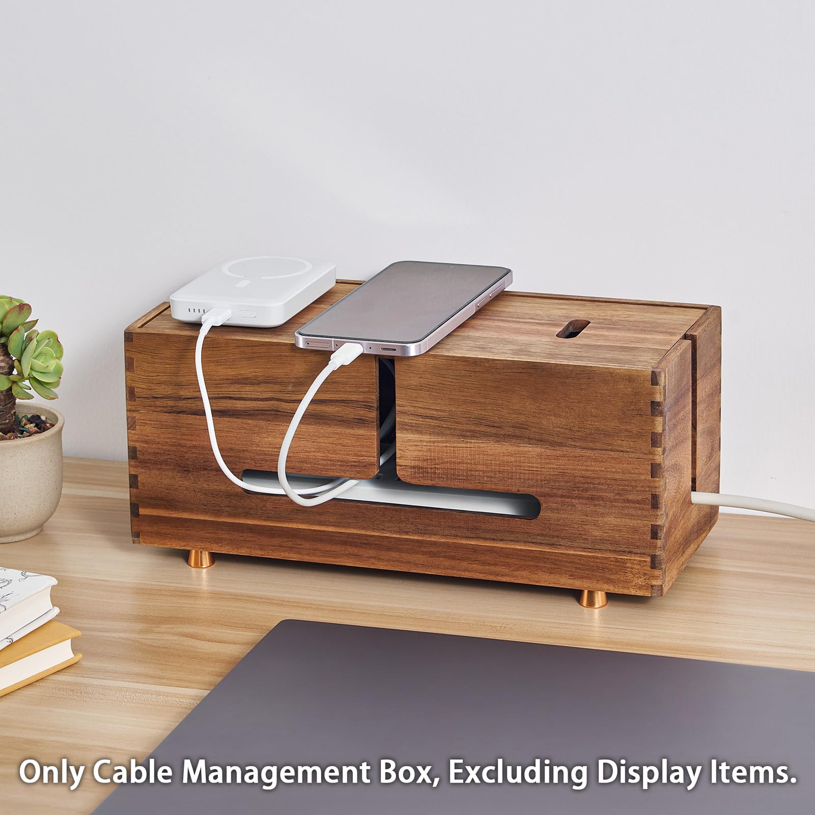 Caja de gestión de cables de madera de acacia, ocultador de cables de madera con 4 pies de metal, organizador para escritorio y suelo, tira de alimentación, corrector de cables de TV, almacenamiento