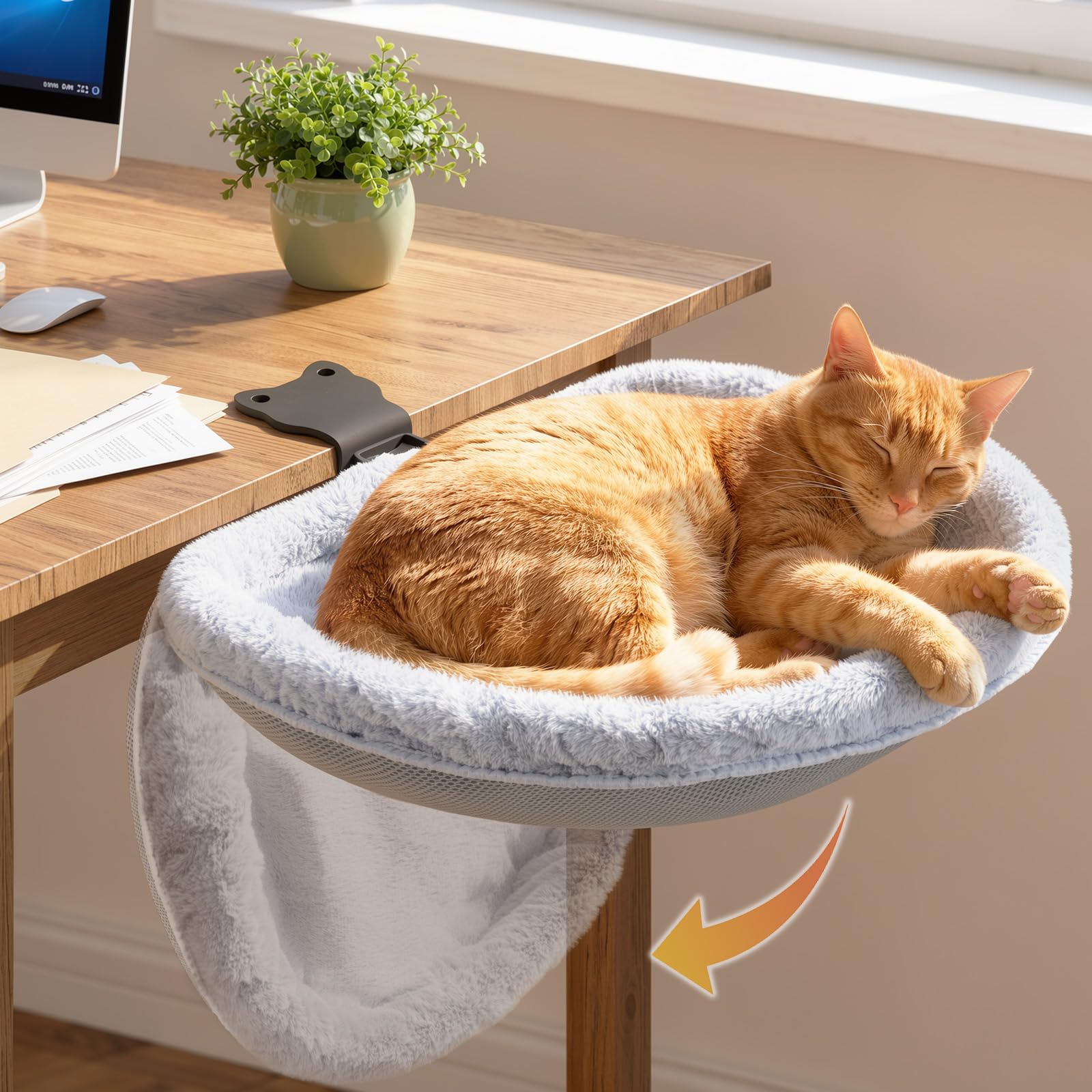 Cama para Gatos de Escritorio, Cama Plegable con Un Clic para Mesa, Hamaca Semicircular para Gatos, Estructura de Hierro Resistente, Funda Suave Lavable, Sin Taladro, Soporta hasta 18 kg, Gris