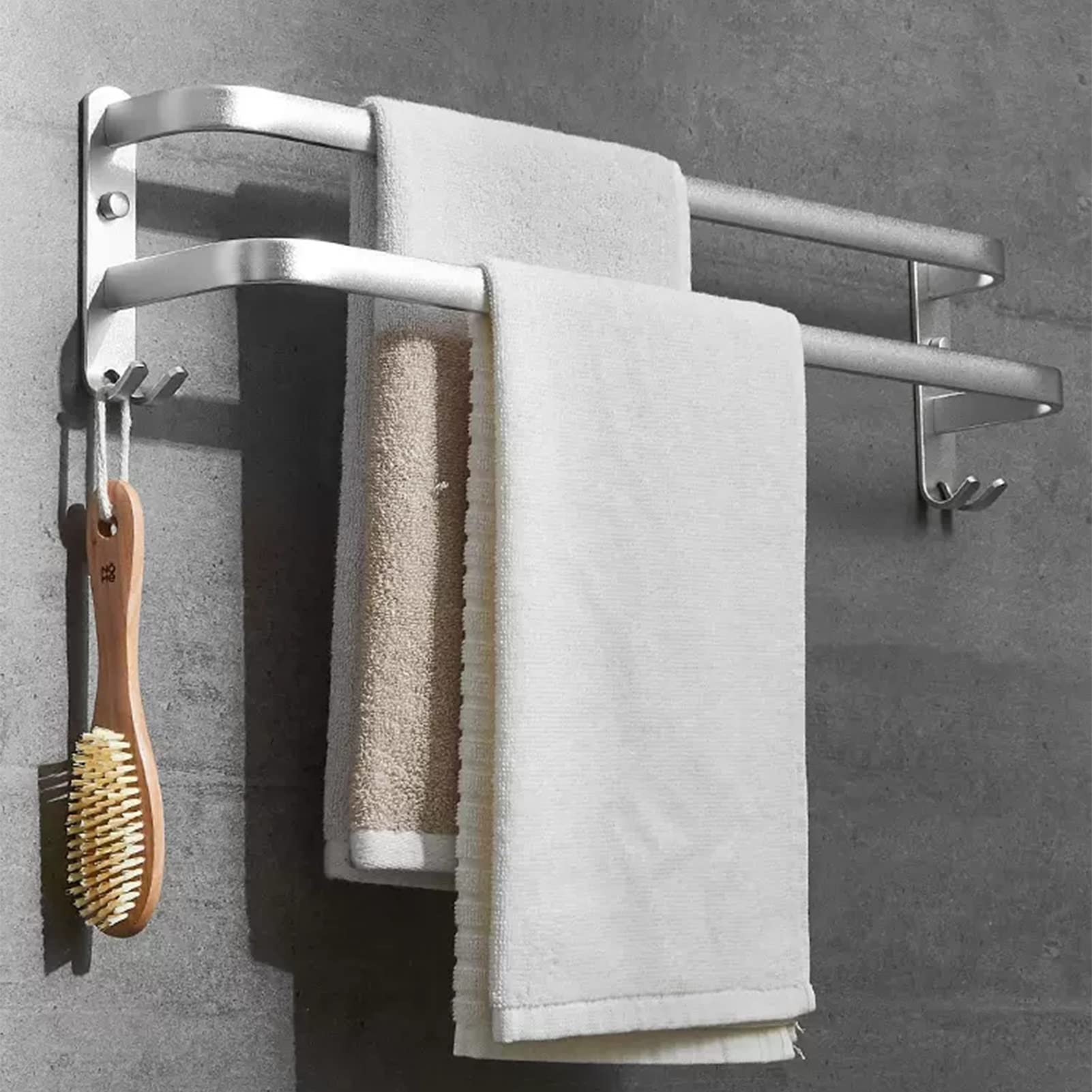 Podwójny drążek na ręczniki, ścienny uchwyt na ręczniki, aluminiowy drążek na ręczniki do wyposażenia łazienkowego i kuchennego, wykończenie w kolorze polerowanego srebra, montaż na śruby (r