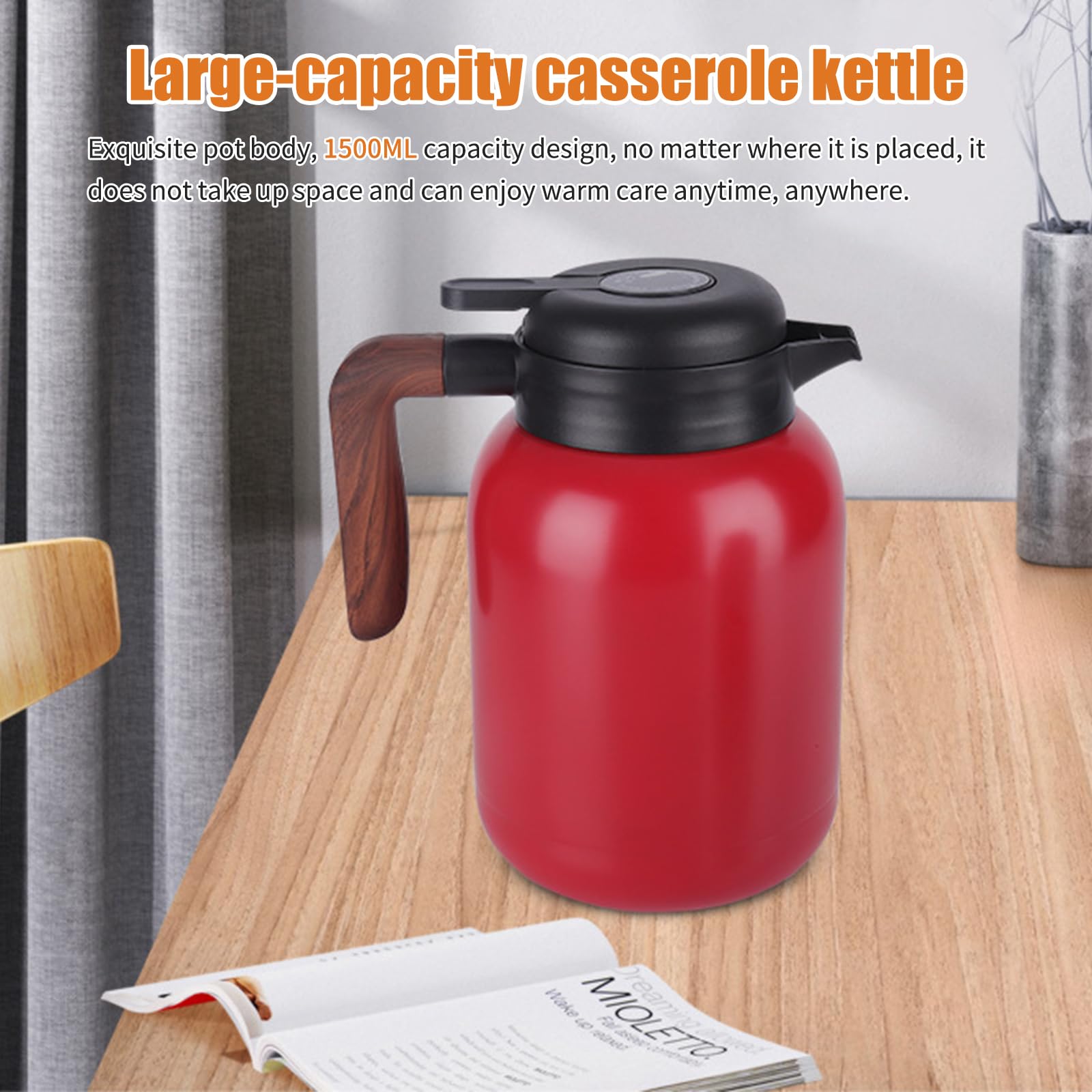 1,5L Thermoskanne, Isolierkanne mit Holzgriff, 316 Edelstahl Doppelwandige Thermo Kaffeekanne, Teekanne Thermo mit Abnehmbarem Teesieb, Kanne mit Tropffreiem Ausguss für Kaffee, Tee, Milch (Rot)