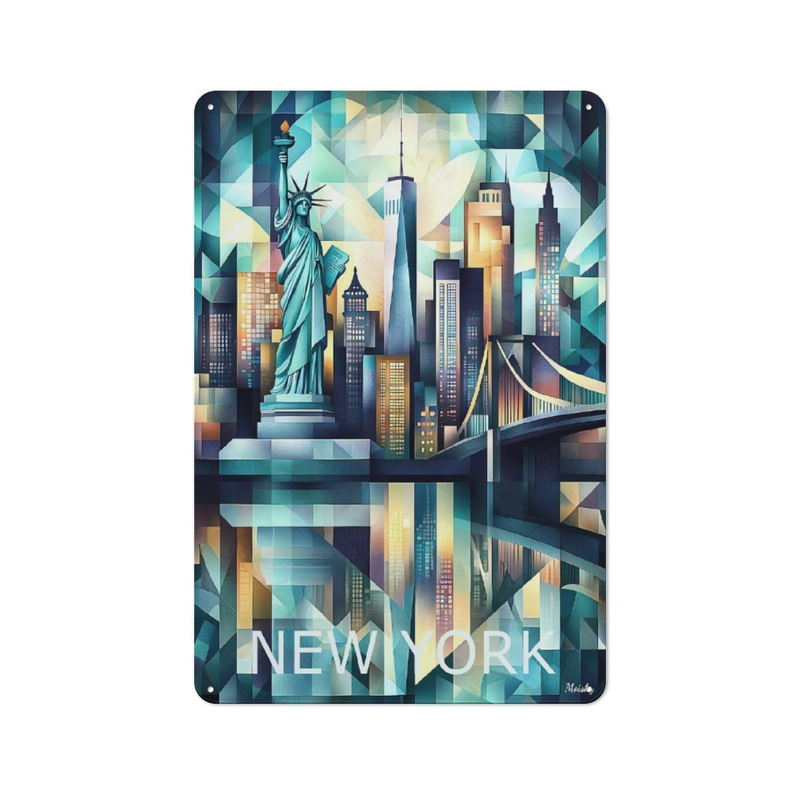 New York Geometric Skyline Art - Statue of Liberty Cityscape Retro Printed Metal Sign 30x20cm for Café Or Restaurant, for Vintage Wall Decor Fans, for Themed Room Decoration