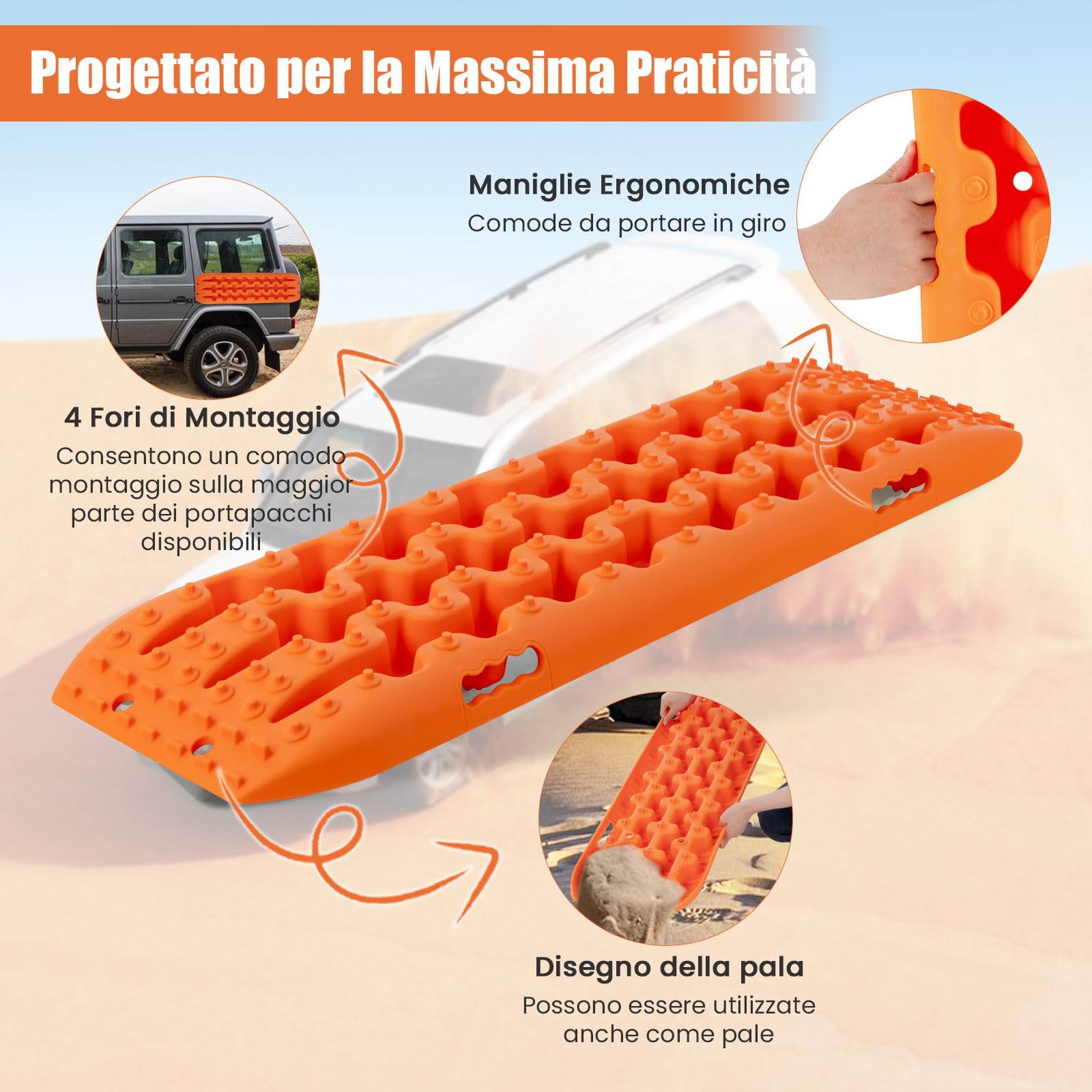 COSTWAY Tappetino di Trazione 2 Pezzi, Carico 10T, Piastre di Trazione per SUV Camper Auto Camion, Tavola di Recupero per Piste Offroad, per Sabbia, Neve, Fango (Arancione, 107 x 31 x 7 cm)