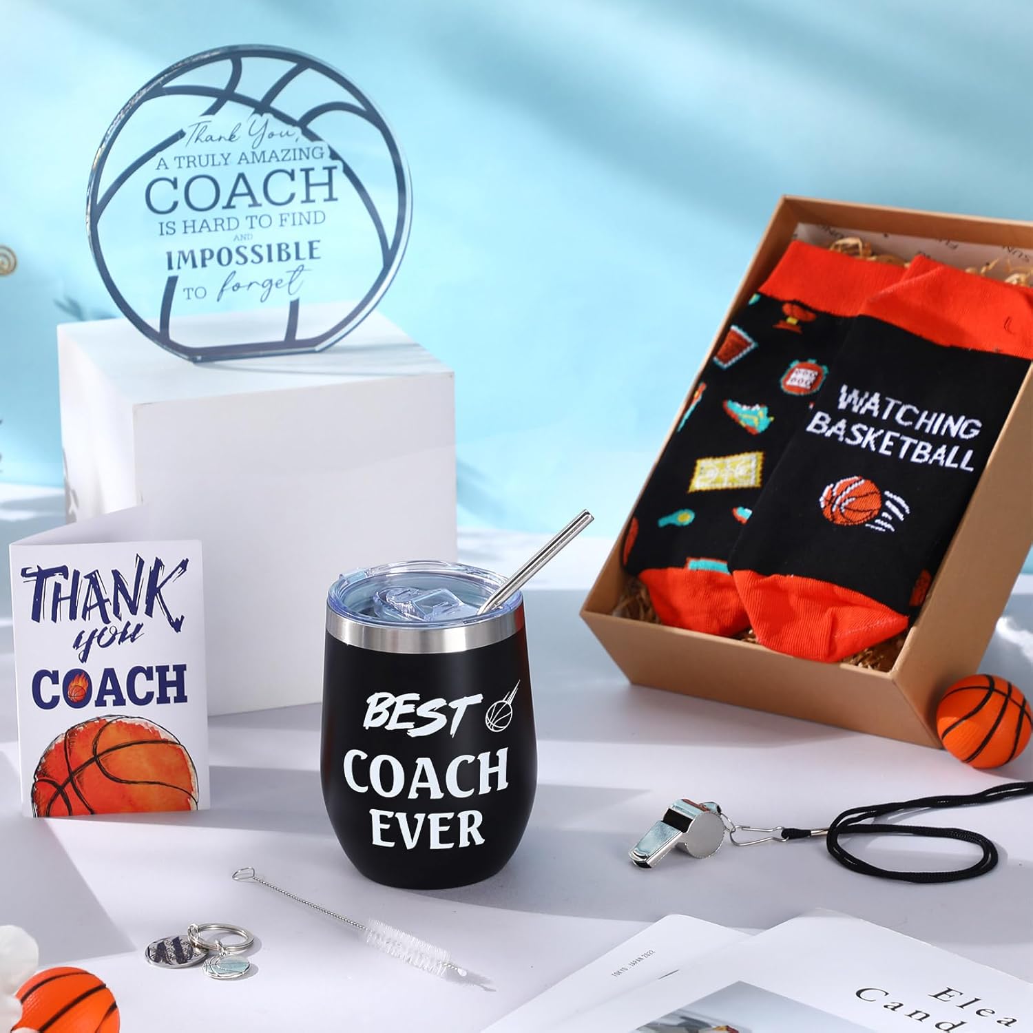 Nitial 6 Pcs Basketball Coach Gifts Teacher Appreciation Gift Set for Basketball Instructor Include Best Coach Ever Tumble Whistle with Lanyard Acrylic Sign Socks Keychain Card - Image 6