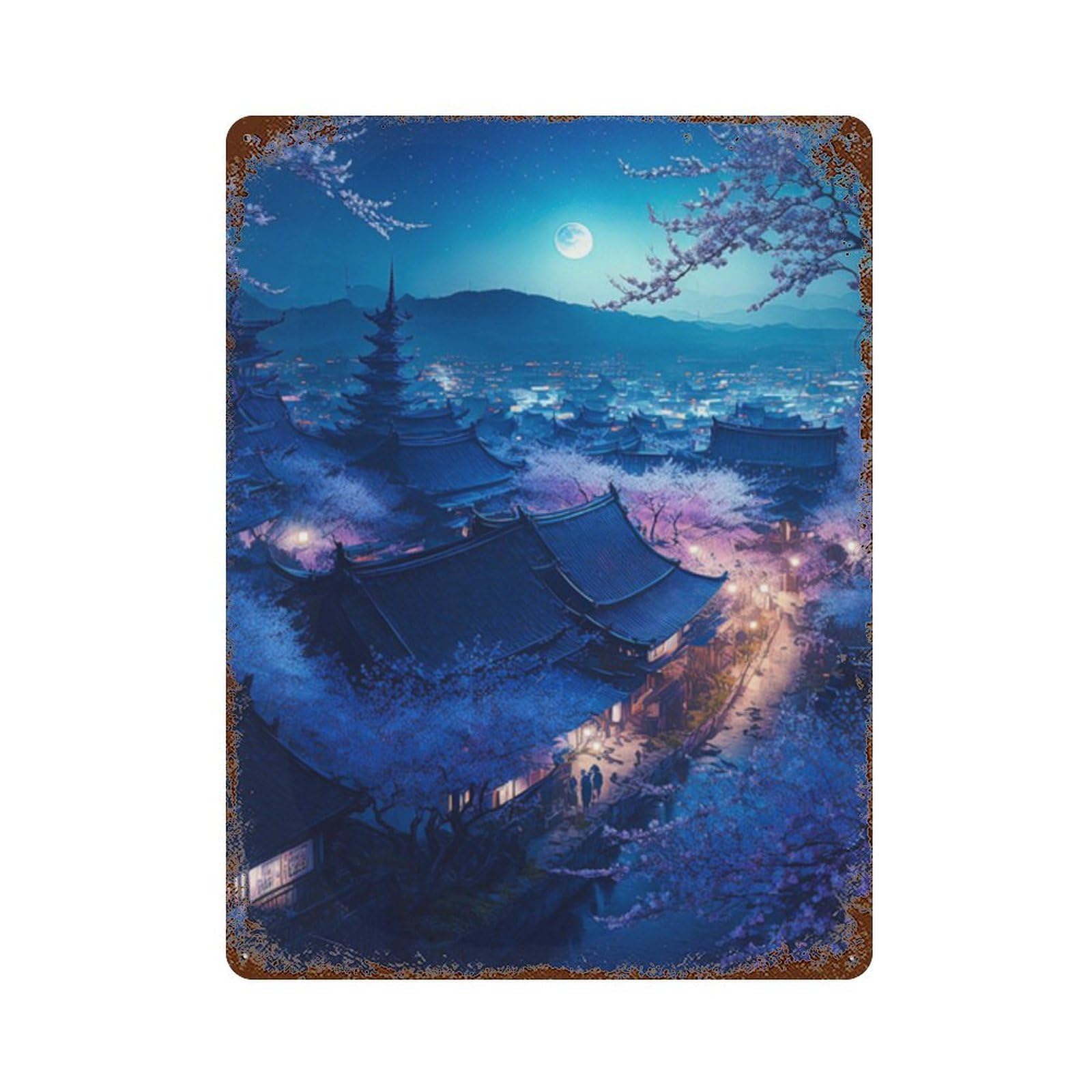 Cherry Blossom Night in Japan -7 Aged Metal Wall Plaque 15.7"x11.8", for Pub, Kitchen And Man Cave Decor, Decorative Metal Wall Art