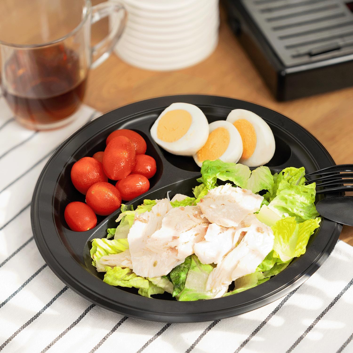 KARAT EARTH [9" - 500 pcs - 3 Compartments Black Round Heavy Duty Disposable Plates - Eco Friendly Mineral Filled PP Plastic, Reduce Plastic Use