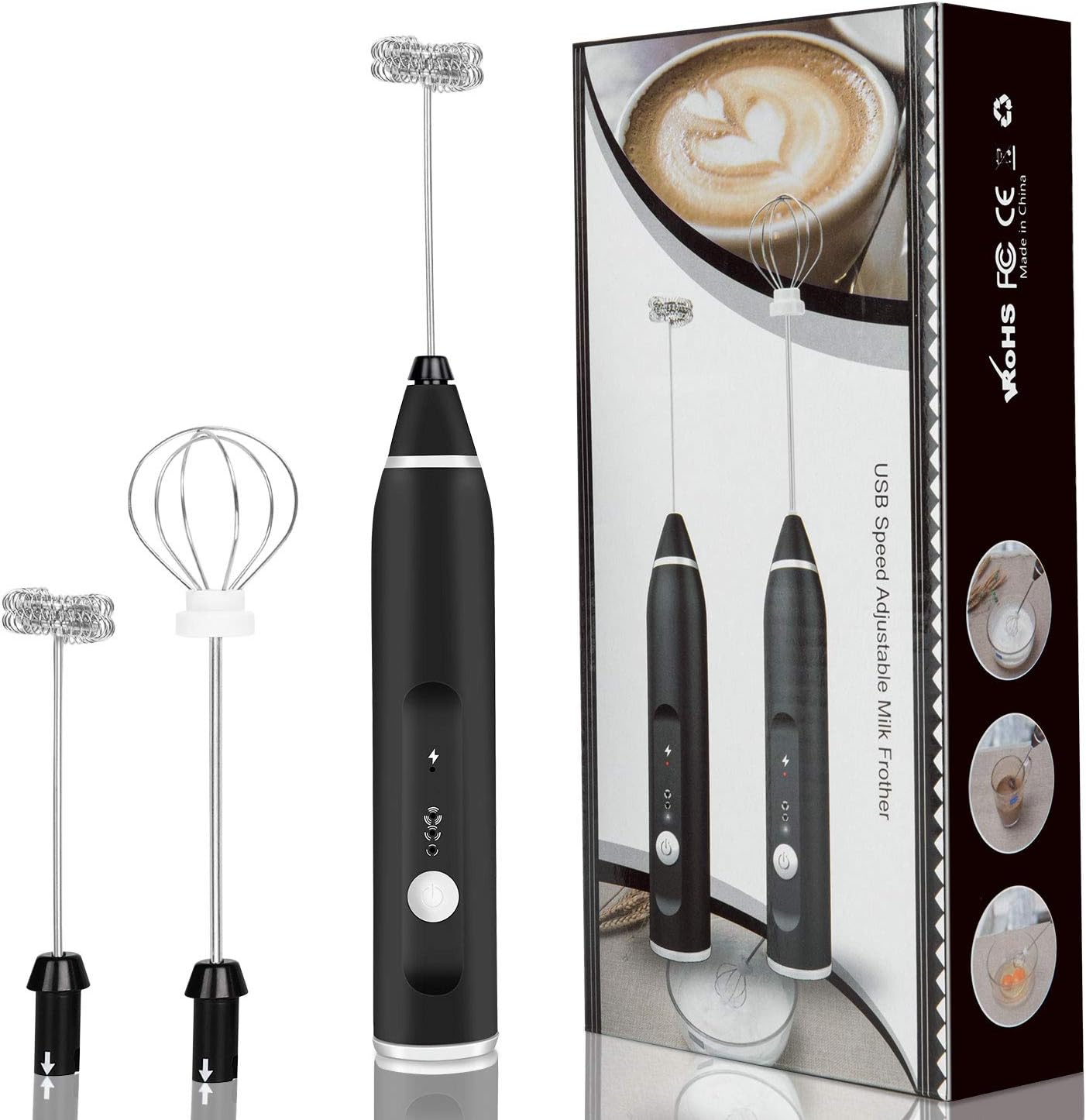 Fostoy Milk Frother, USB Rechargeable Handheld Electric Foam Maker with 3 Stainless Whisks, 3-Speed Adjustable, Perfect for Bulletproof Coffee, Lattes, Cappuccino, Matcha, Hot Chocolate (large)