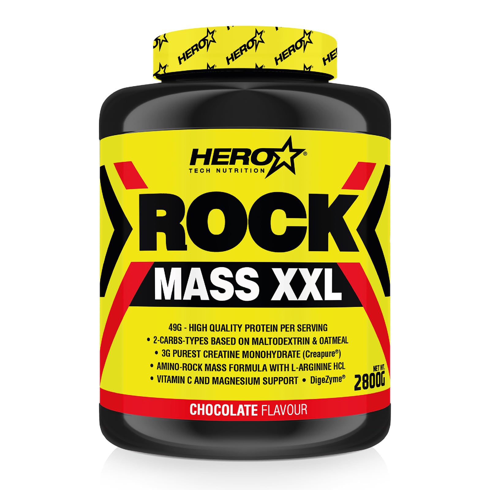 HERO TECH | ROCK MASS XXL 2800 Gr | Suplemento con Hidratos de Carbono y Proteína para Ganar Masa Muscular | Con Creatina, BCAA, Glutamina, Arginina, Vitamina C | Sin OGM (2.800 gr, Chocolate)