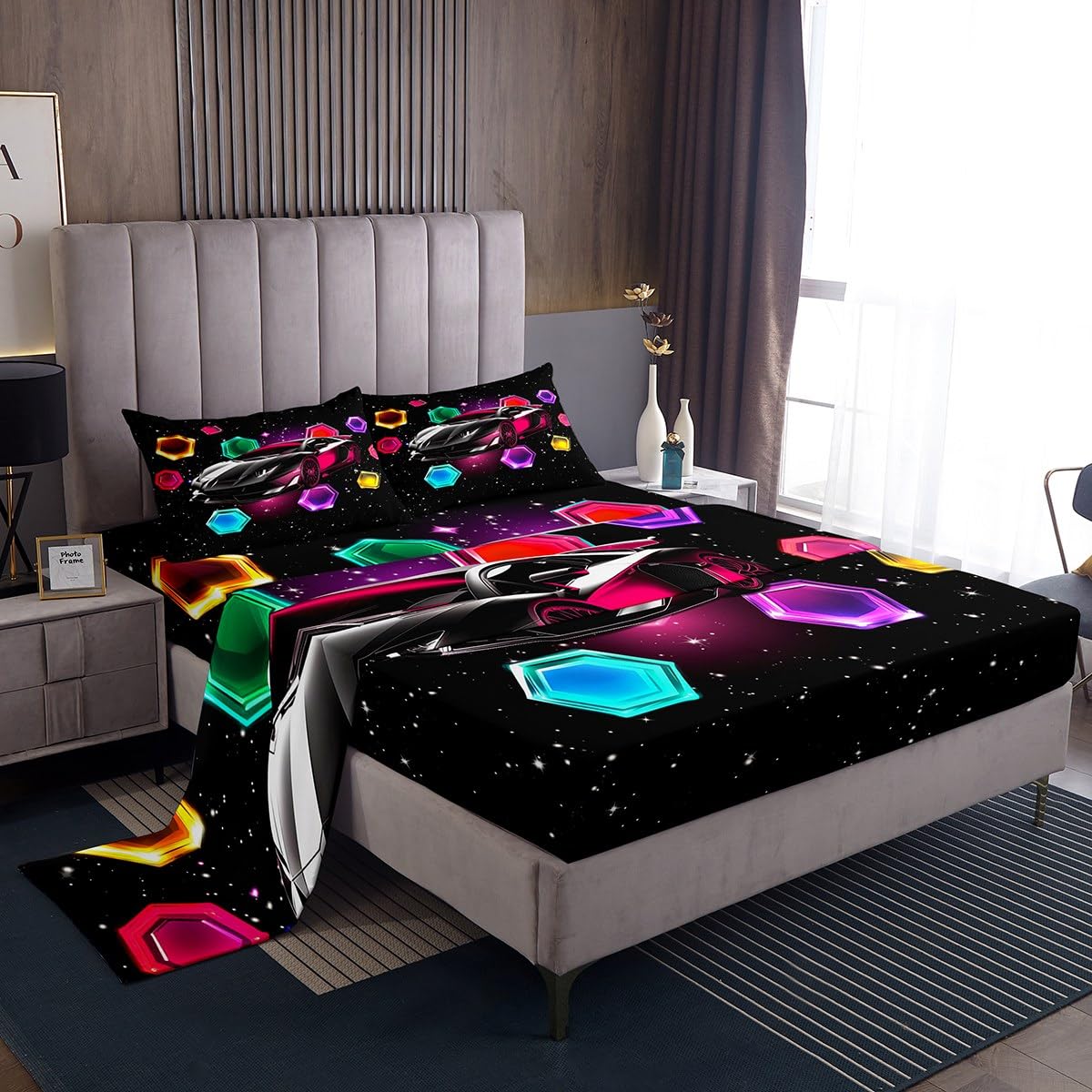 jejeloiu Speed Sports Car Bed Sheets Set Twin Size Pink Race Car Fitted Sheet with Deep Pocket for Boys Girls Teens Colorful Space Glow Geometry Bedding Set Breathable Extreme Sports Bedroom Decor