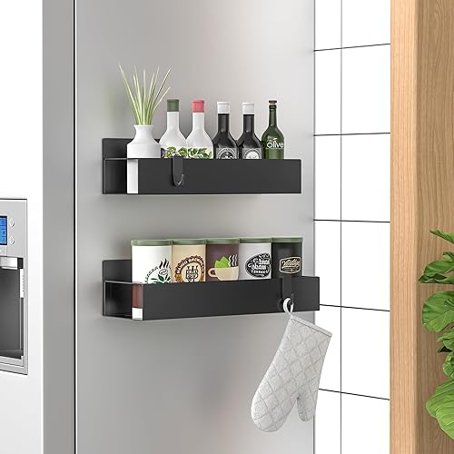 Miniatura 1 de Paquete de 2 organizadores magnéticos de almacenamiento de especias para refrigerador y horno, organizadores de nevera negro mate y almacenamiento