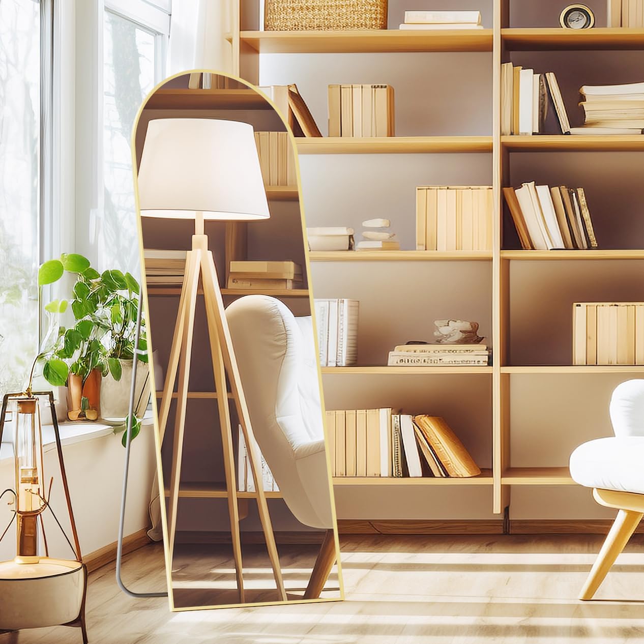 Arched Full Length Mirror 64"x21" Full Body Floor Mirror Standing Hanging or Leaning Wall, Arch Wall Mirror with Stand Aluminum Alloy Thin Frame for Bedroom Cloakroom?Gold? Gold-gift Box 64*21