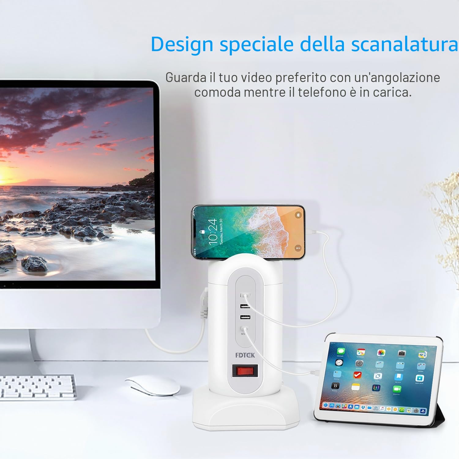 FDTEK Ciabatta Multipresa Verticale Torretta Multipresa da Scrivania con 3 USB-A & 1 Tipo-C e 9 Spina Tedesca, Prese Multiple Elettriche con Interruttore, Cavo Retrattile da 1,65 mt,Bianco 2500W/10A