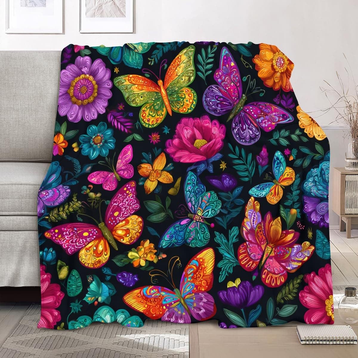 Couverture Duveteuse 150x200cm Fleurie pour Canapé, Lit, Camping et Voyage