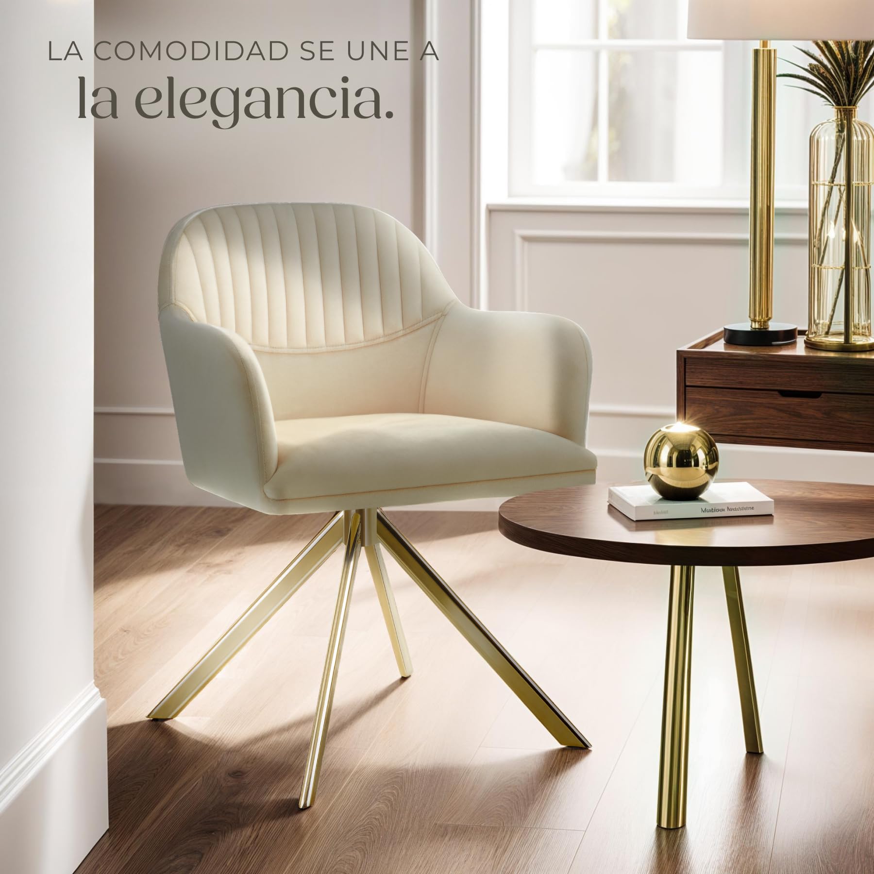 tectake® Silla Giratoria Tapizada con Respaldo Continuo, Patas de Acero Giratorias 360º, Silla Dormitorio, Butacas de Salon, Sillas Comedor, Silla Comedor Nordica - 1 Silla Crema/Oro