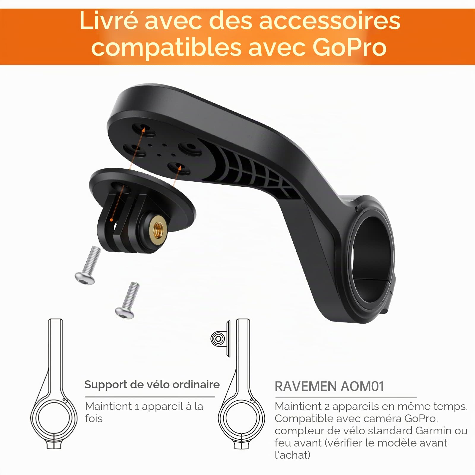RAVEMEN AOM01 Support Compatible avec Garmin/COOSPO/CYCPLUS/iGPSPORT Compteurs Vélo, Compatible avec GoPro/FR160/Éclairage Avant,Convient aux guidons de 31,8 mm