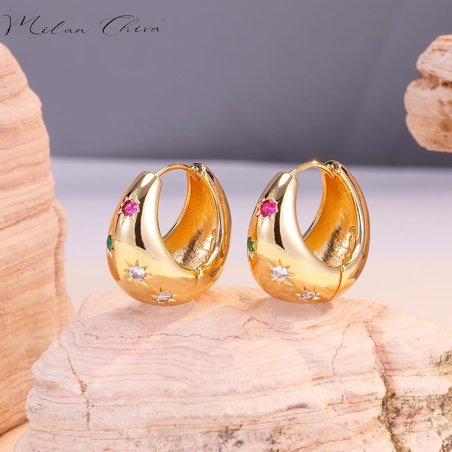 Milan Chiva Hoop Earrings for Women, Small Chunky Huggie Earrings with Cubic Zirconia, Hypoallergenic 14K Gold Plated C Shape Earrings, Lightweight Silver Hammered Drop Dangle Jewelry Mothers Day Gift