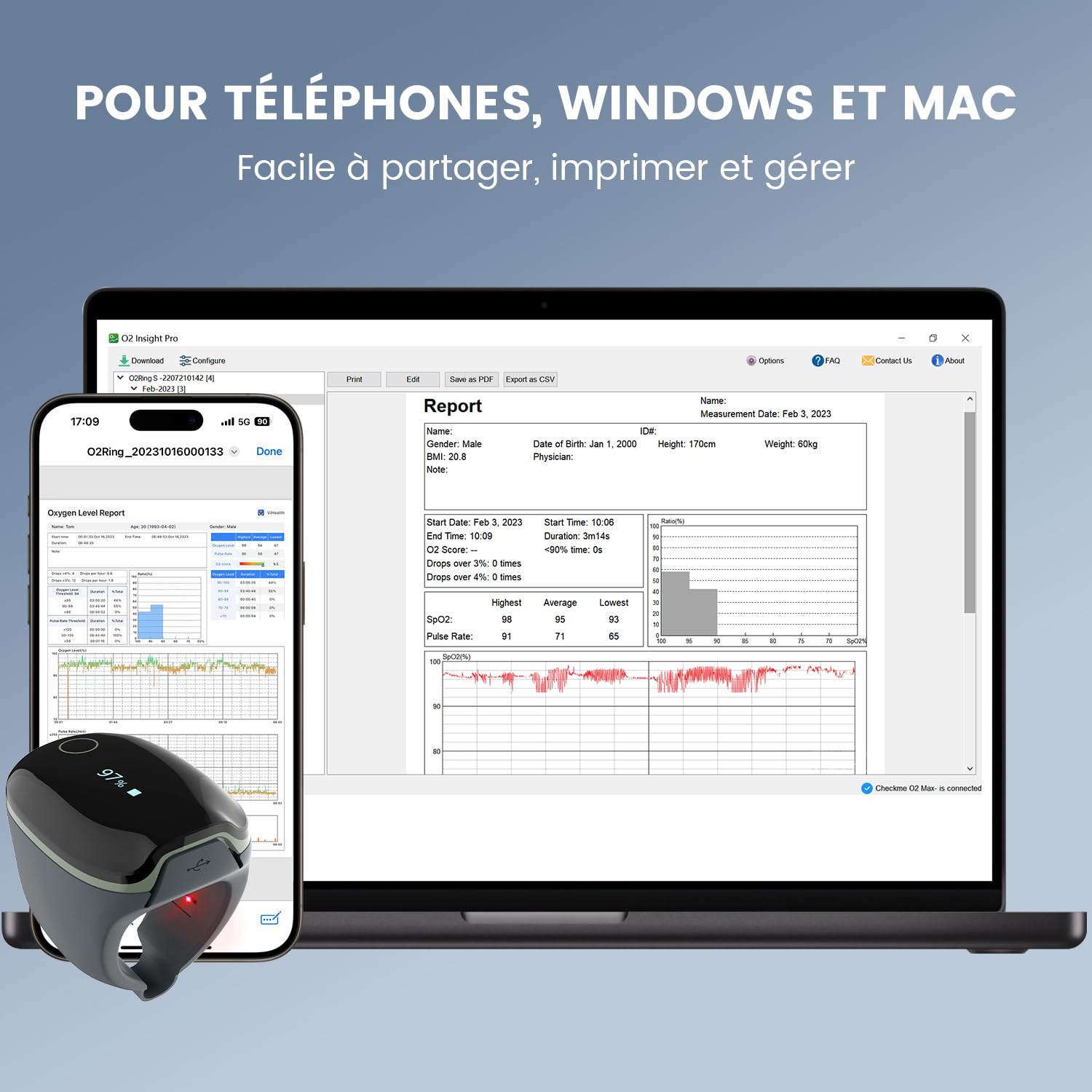 ViATOM O2ring oxymètre Bluetooth, oxymètre de pouls au bout des doigts pour une surveillance continue la nuit, oxymètre de sommeil pour mesurer la SpO2 & la fréquence cardiaque (vert)