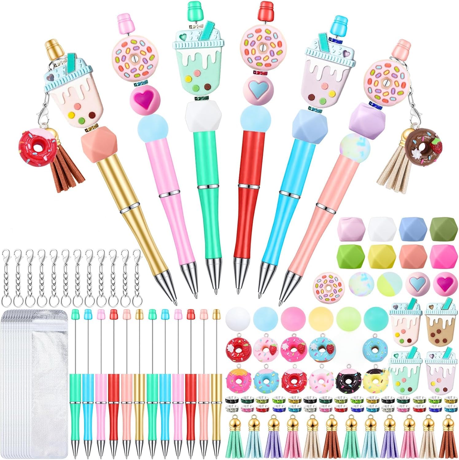 12 Pieces Beadable Pens Bulk with Colorful Silicone Beads for DIY Pen Making Kit Smooth Writing Beaded Pen for Women Kids Students Office School(