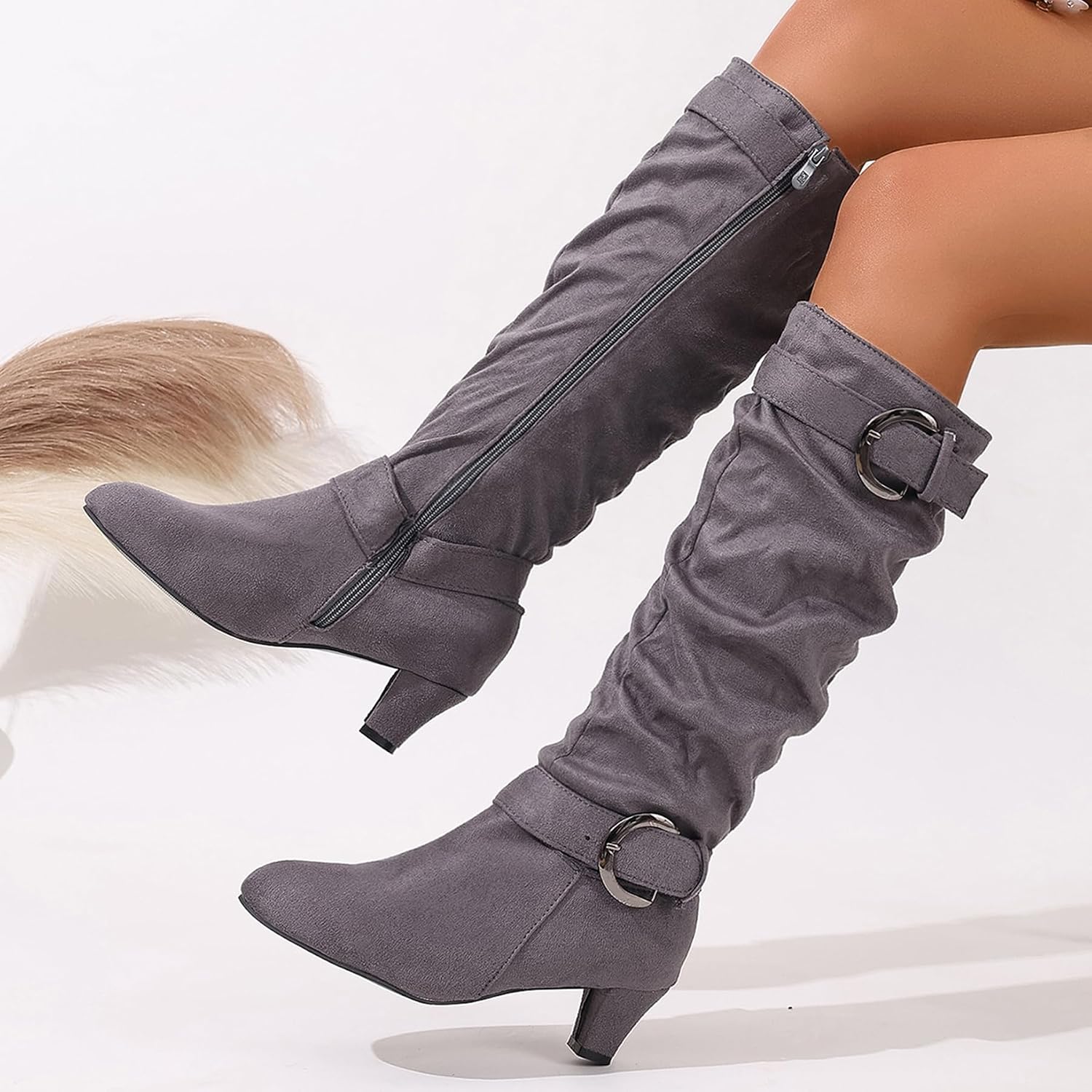 Gicoiz Women Comfortable Kitten Heels Slouch Riding Boots