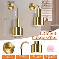 Vista 5 de VerRon Juego de dos apliques de pared recargables con batería, luces doradas inalámbricas con batería con bombillas desmontables y control remoto