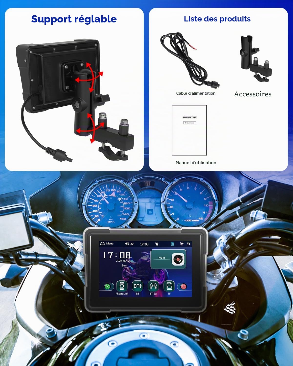 Rimoody Écran Carplay de 7 pouces pour moto sans fil Carplay et Android Auto, Display pour motos, autoradio Airplay/Android Cast/Dual Bluetooth/Navigation/IP67 étanche