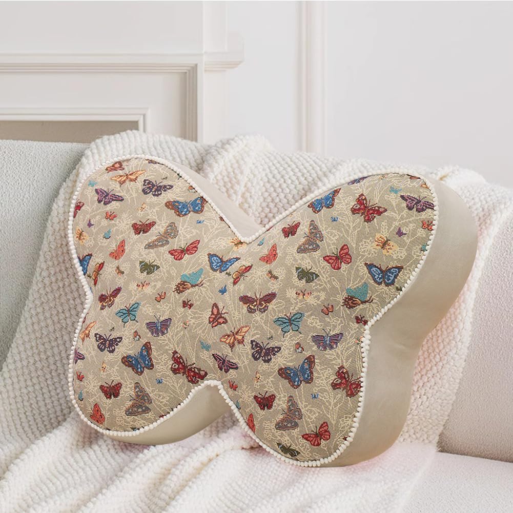 AoTengMY Butterfly Shaped Decorative Throw Pillows - Vintage Butterfly Print Bed Headboard Cushion, Soft Plush Stuffed Animal Pillow for Sofa Chair Bedroom Living Room Decor (Kahaki,23.6x15.7in)