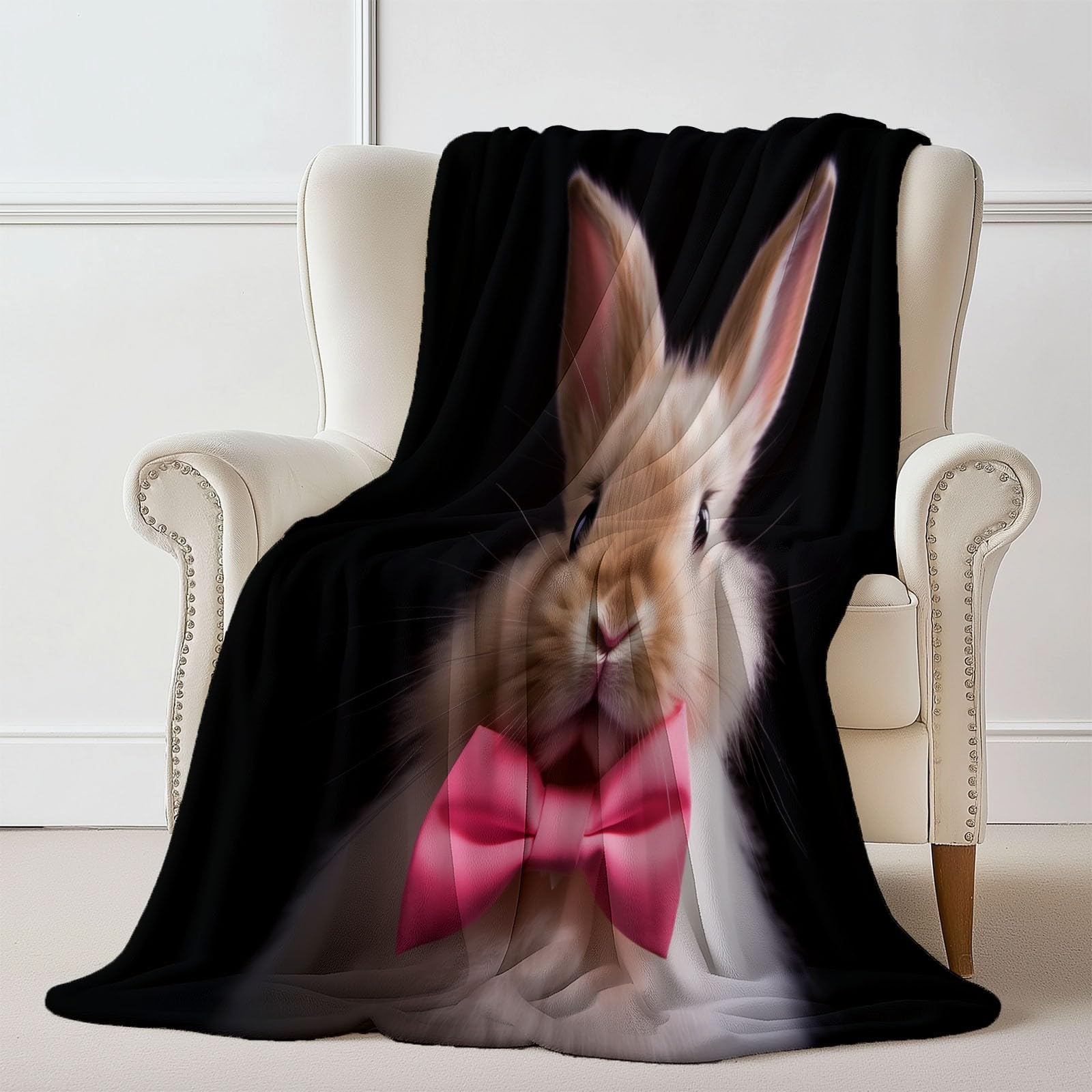 Manta de Franela Negro, Estampada Primer Plano Mariposa Animal Conejo, Mantas Ligera para sofá y Cama, Plaid Acogedor para Invierno, Manta Decorativa para salón y Dormitorio 220×240 cm