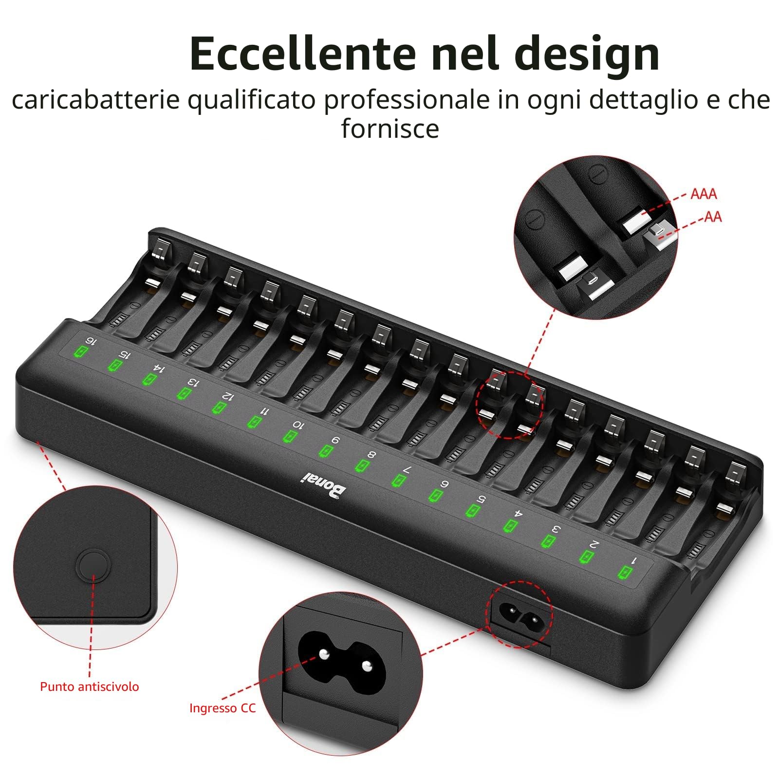 BONAI Caricabatterie Pile Ricaricabili AA AAA, Caricatore a 16 Slot per Batterie Ni-MH, Stazione di Ricarica Rapida con Monitoraggio Intelligente e Gestione Indipendente per Pile Stilo e Ministilo