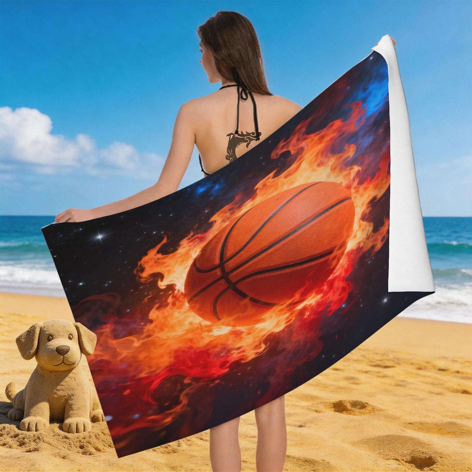 Leichong 3D Basketball Pattern Beach Towel Large Microfiber Soft Quick Dry for Adults, Flame Basketball Bath Towel Lightweight Soft Absorbent for Travel Swimming Pool Sports, 80 x 160 cm