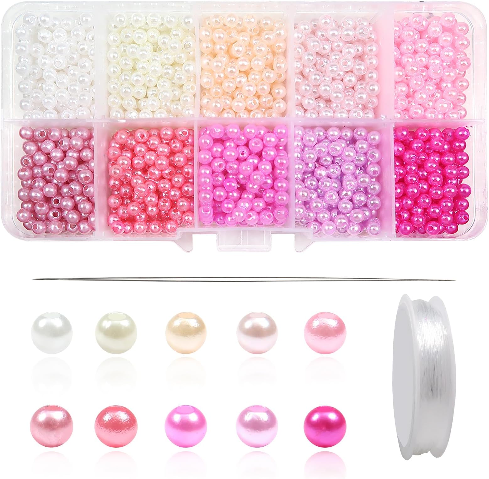 Toaob 1000 Pieces 4 mm Glass Beads Round Jewellery Beads Assorted Artificial Pearls Multicoloured Glass Beads Craft Beads with Elastic Jewellery Thread for Jewellery Making