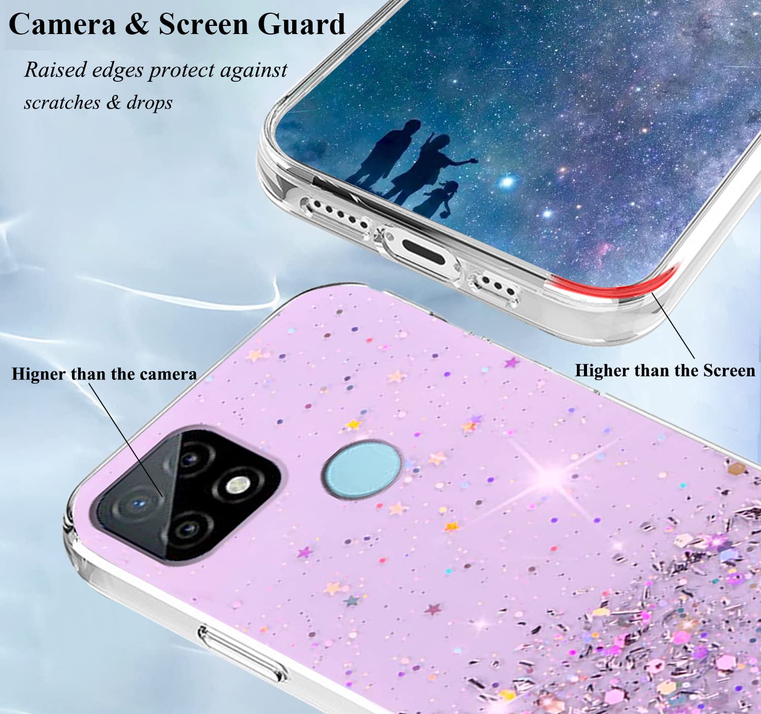 Custodia per Realme C21 Silicone Rosa, Effetto Glitter per Realme C21 Cover Trasparente Brillante Morbida Sottile Case Regalo per Donne (Viola