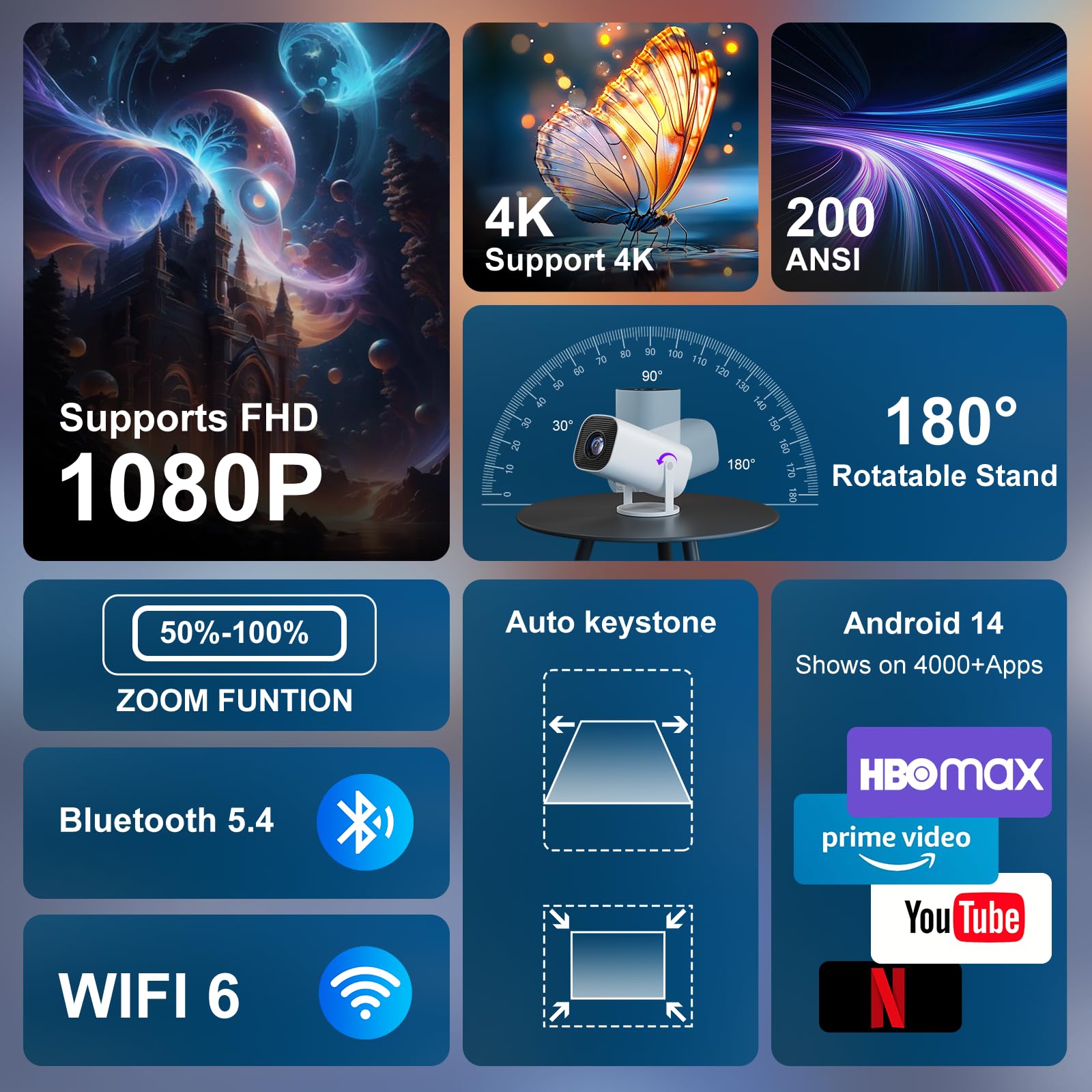 Mini Beamer 4K Unterstützt, Tragbarer Projektor mit WiFi 6 BT 5.4, Auto Keystone, 180° Dreh, weiß