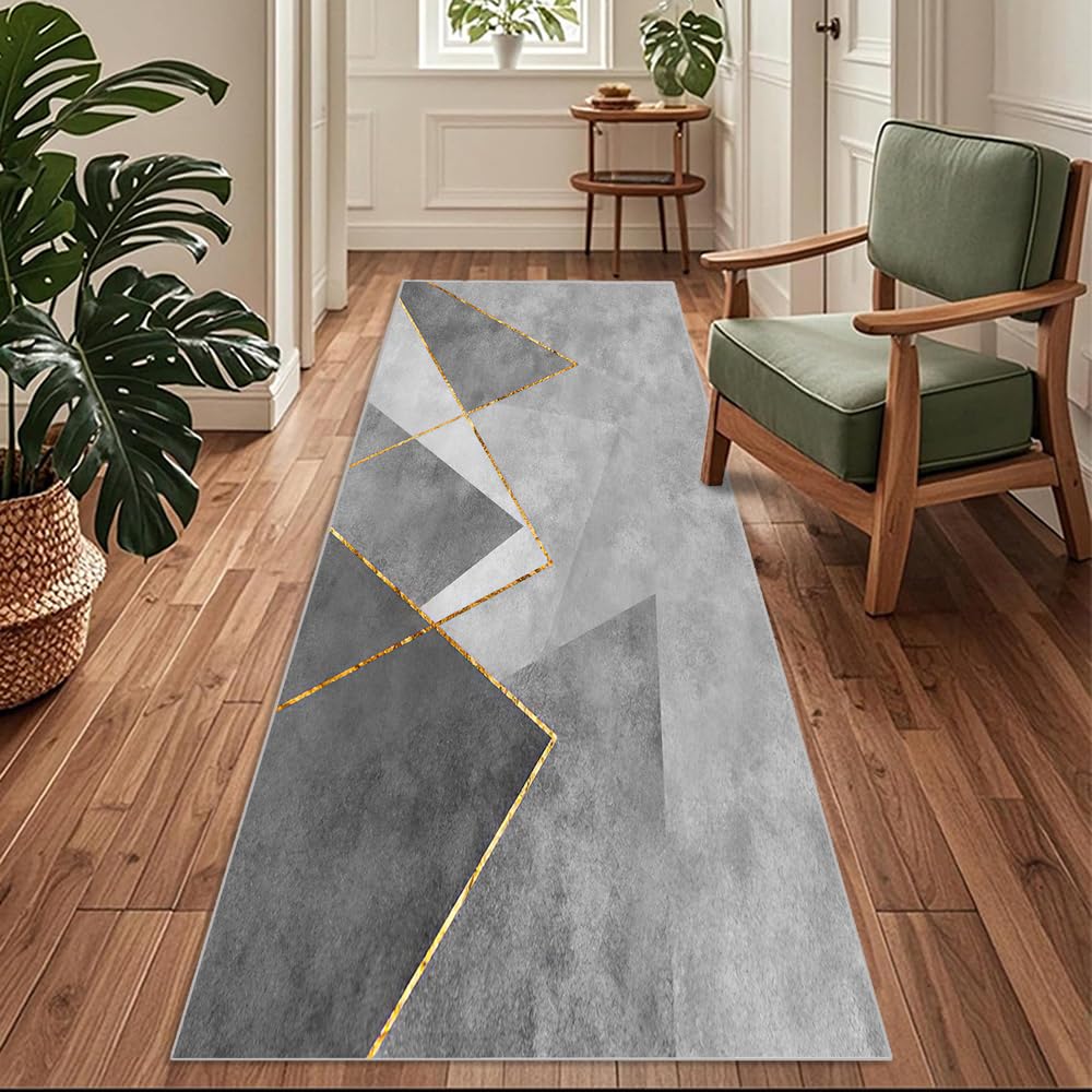 Tappeto Passatoia per Casa, Antiscivolo e Lavabile, per Cucina Corridoio Ingresso,Grigio-Oro Geometrico Moderno，70 x 280 cm
