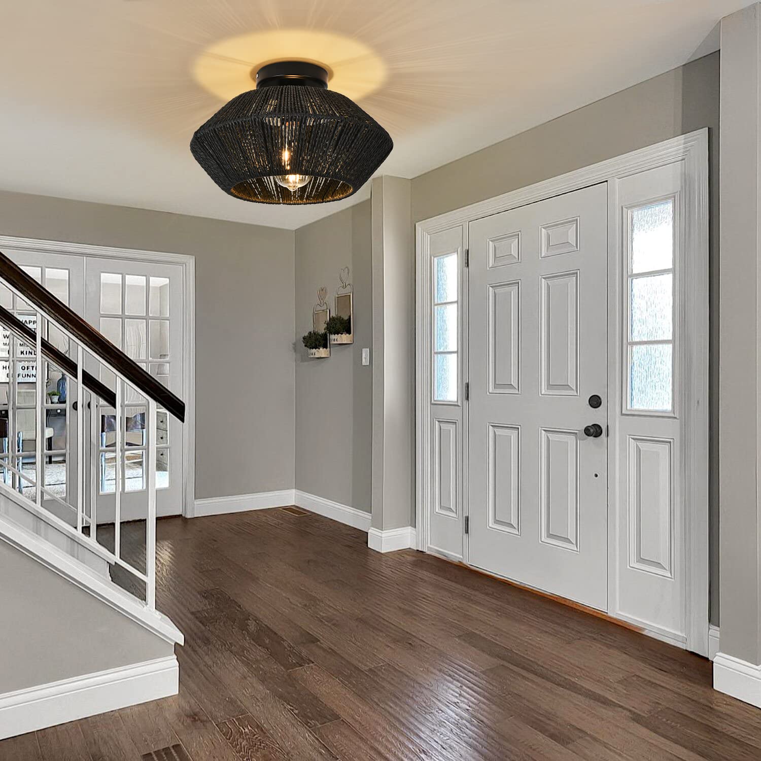 Black Rattan Flush Mount Ceiling Light Boho Wicker Light Fixtures Ceiling Hand Woven Cage Shade Light Fixture Black Mini Rattan Chandelier with Brush Paint Finish for Bedroom Entryway Nursery Hallway