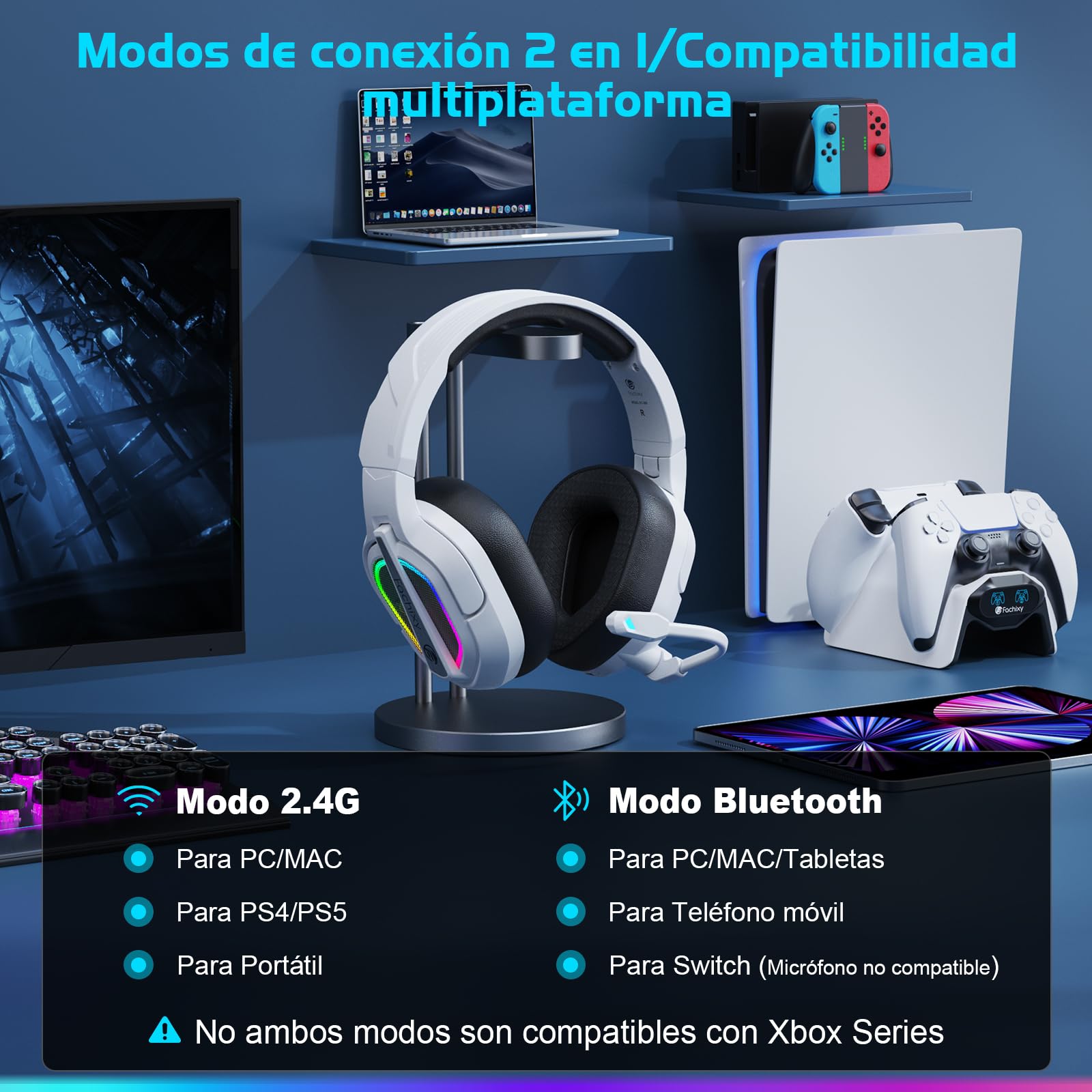 Fachixy「2025 Nuevo」FC200 Cascos Gaming Inalámbricos para PC, PS5, PS4, Auriculares Gaming Inalámbricos de 2,4GHz Wireless+Bluetooth - Baja Latencia, Duración 40Hr+, Luces RGB (Blanco-Negro)