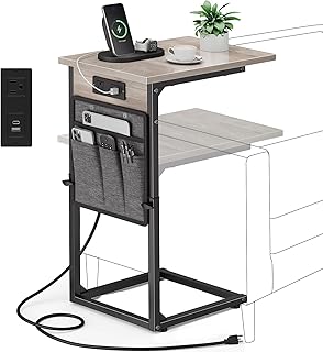 VAGUSICC C Shaped End Table with Charging Station, Adjustable Height Side Table for Couch
