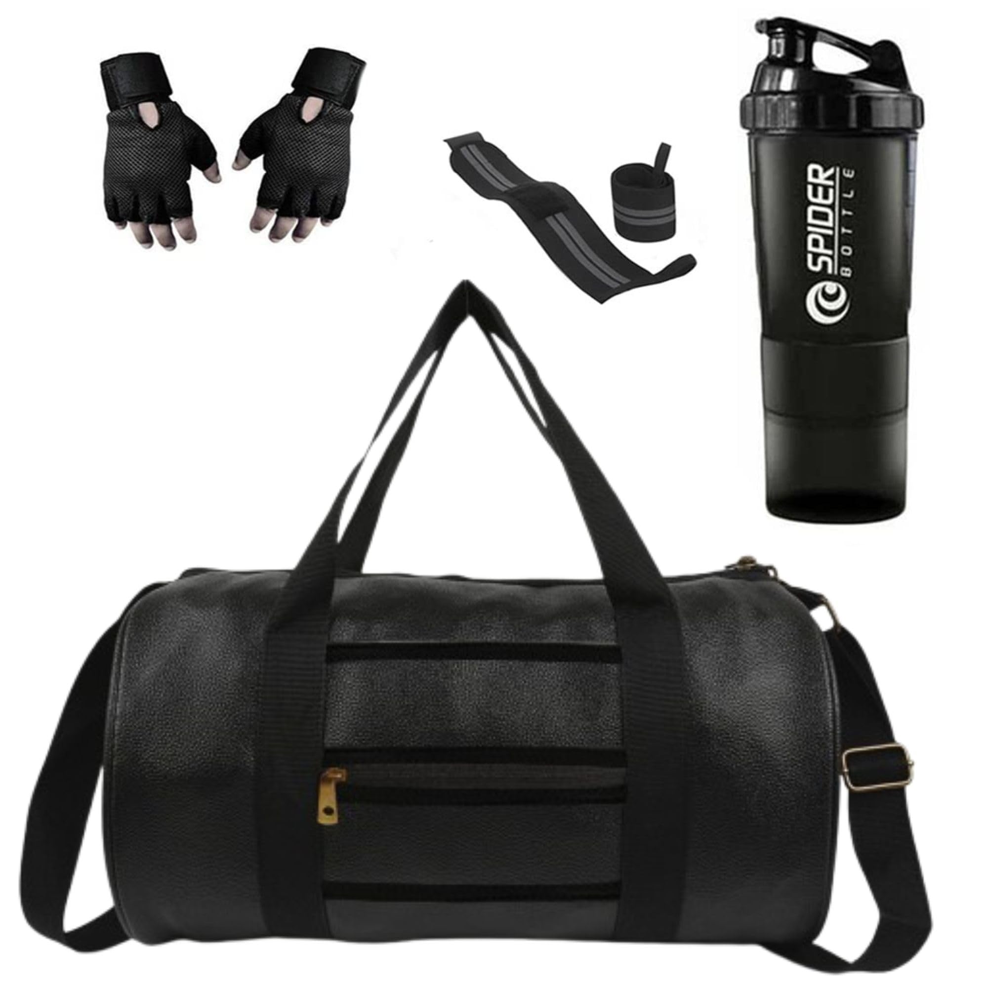 Gym Bag Combo for Men and Women - Bag with Shoe Compartment, Bottle, Wristband, Gloves - Fitness Kit Duffle Bag Combo (F.Zip Black)-image-36