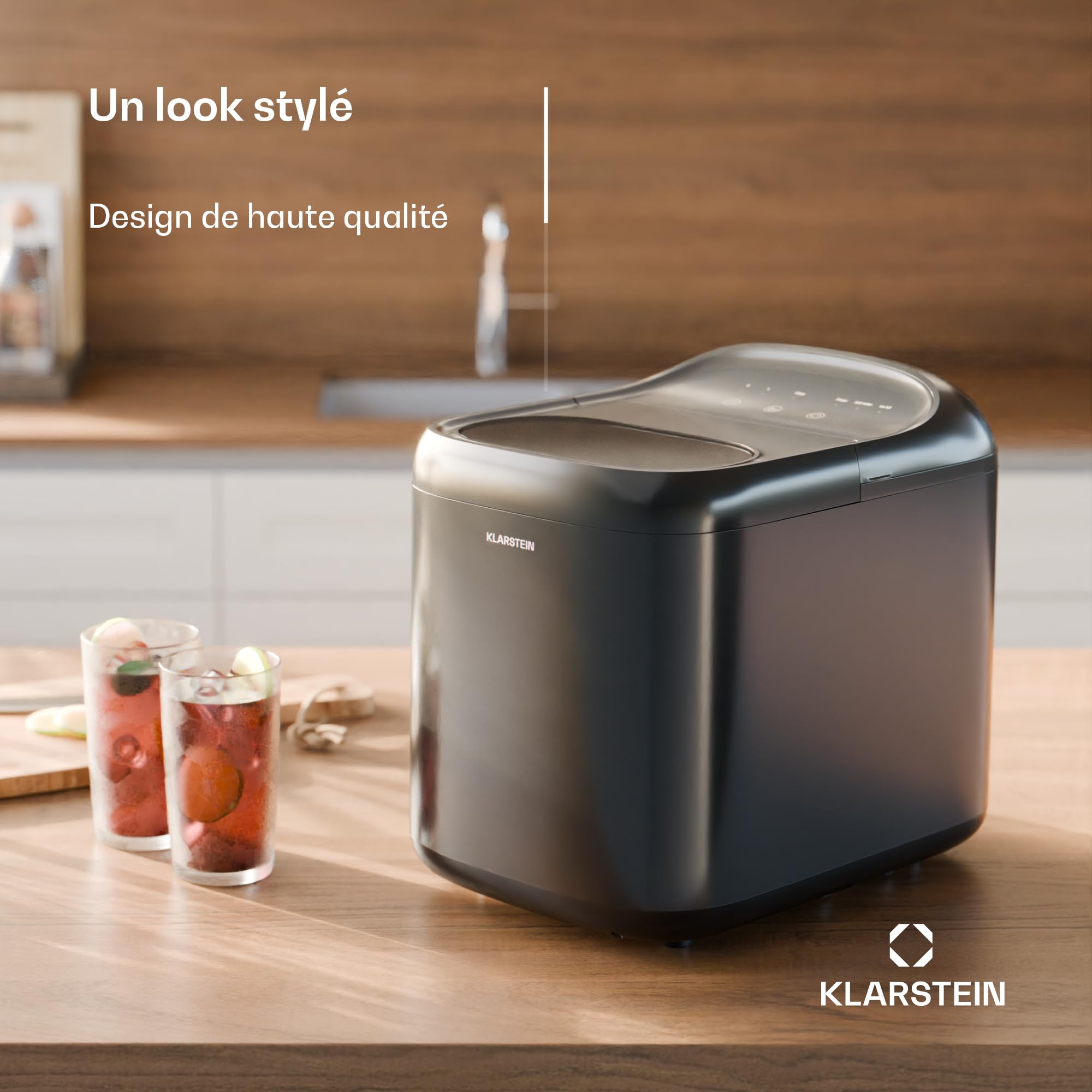 Klarstein SparkIce machine à glaçons - 15 kg/24 h, 6 min, 2 tailles, nettoyage auto, tactile, pelle incluse, à glaçons maison, petite machine, noir
